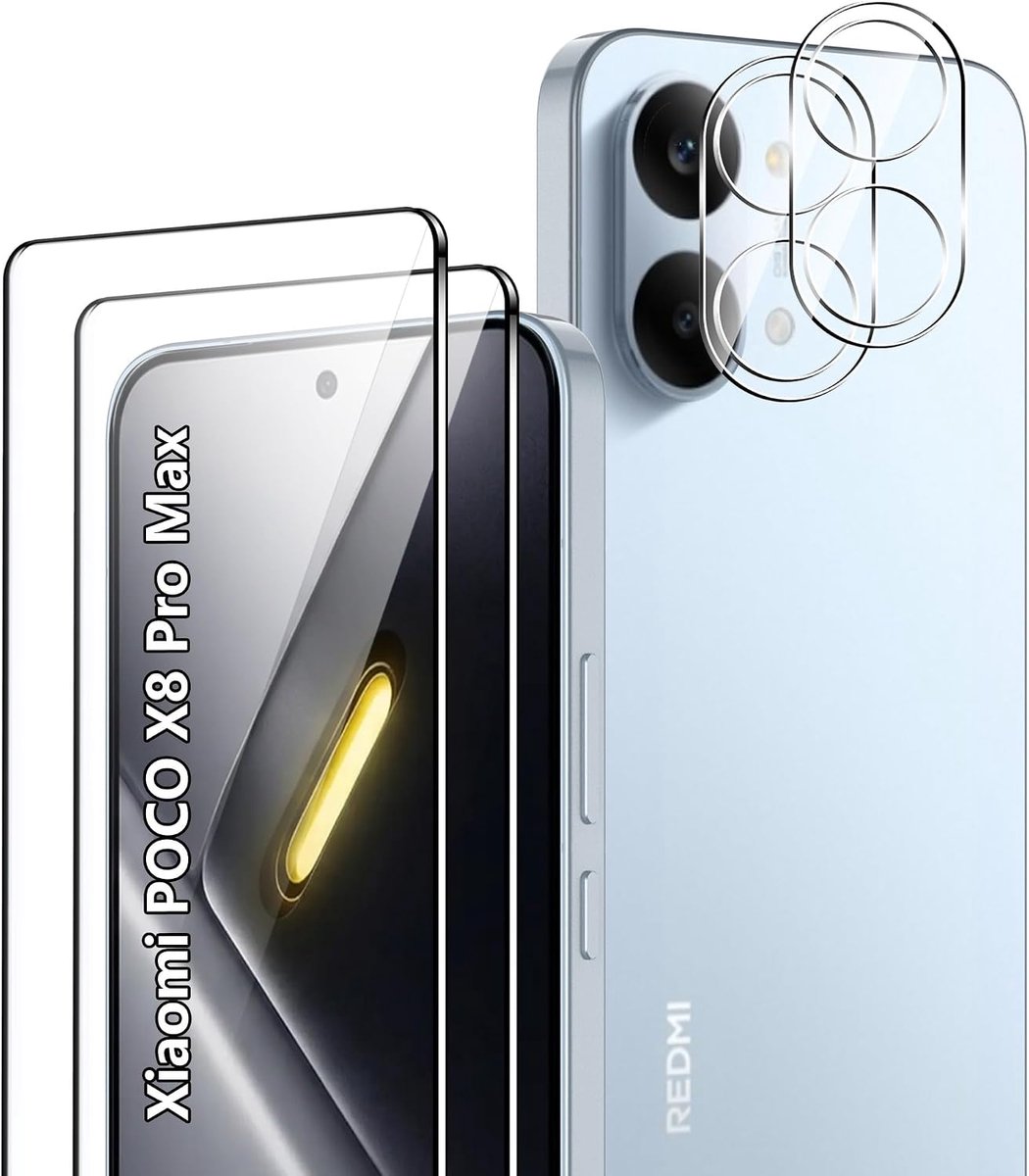 Pantserglas voor Xiaomi Poco X8 Pro Max 5G beschermfolie, pantserglasfolie, 2 stuks beschermglas met locator + camerabescherming, 9H hardheid, anti-kras, displaybescherming