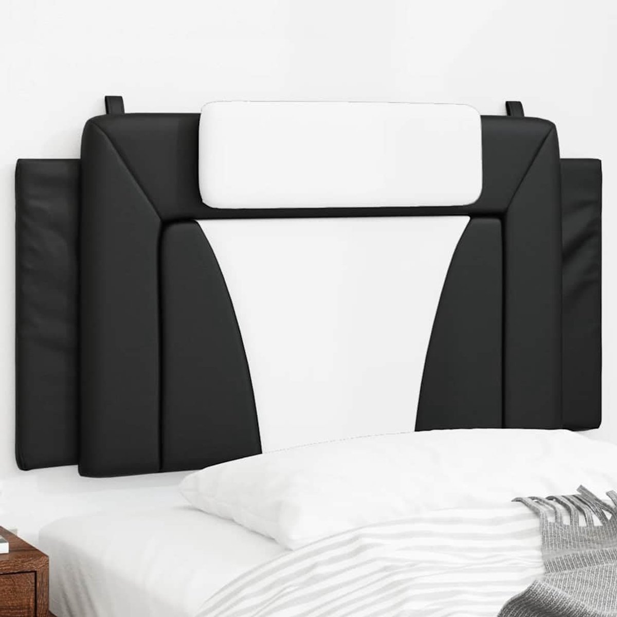 Hoofdkussen zwart-wit 100 cm van kunstleer, zachte spons, ritssluiting en klittenband voor led, universele banden voor wandmontage