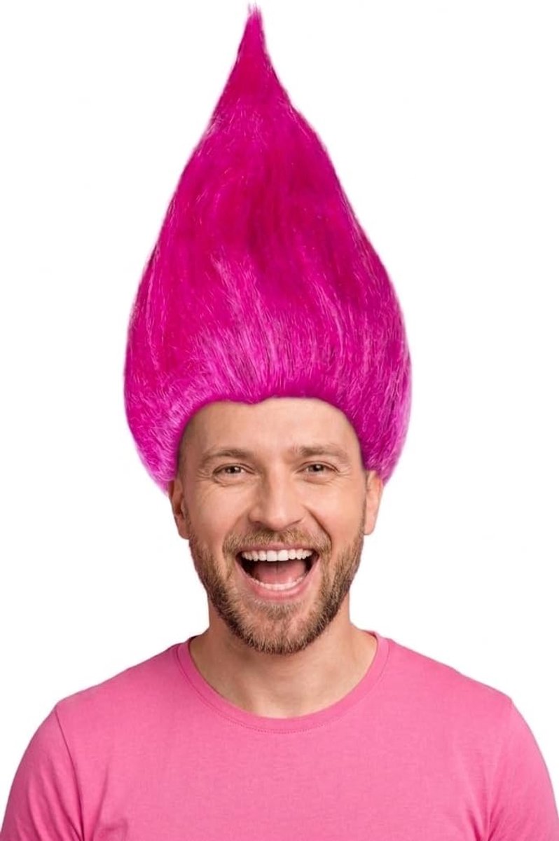 Trollenpruik voor kinderen meisjes & jongens in roze, turquoise en groen als aanvulling op het Trollenkostuum tijdens carnaval en themafeest (Roze)