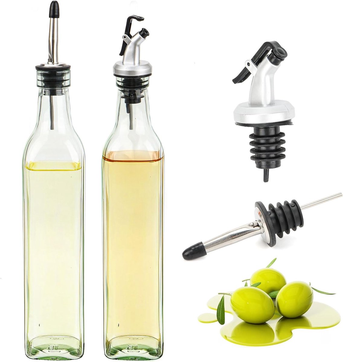 Oliefles van 500 ml met schenktuit, 2 stuks azijn en oliefles set, olijfoliefles voor keuken, koken, salades en grillen