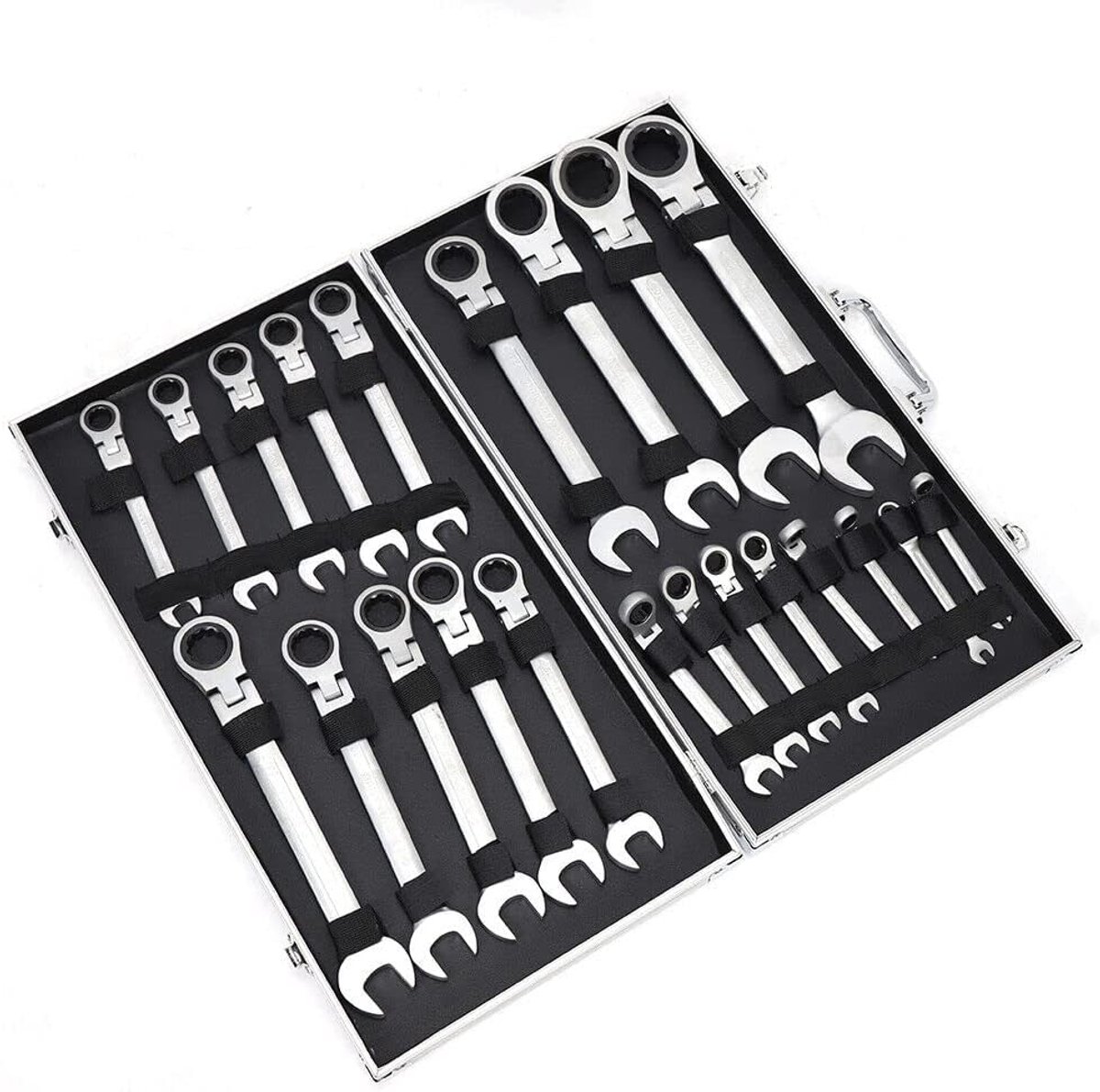 22-delige scharnierratelsleutelset, ratelsleutelset, ringbek sleutelset 6-32 mm, moersleutel-ringsleutelset