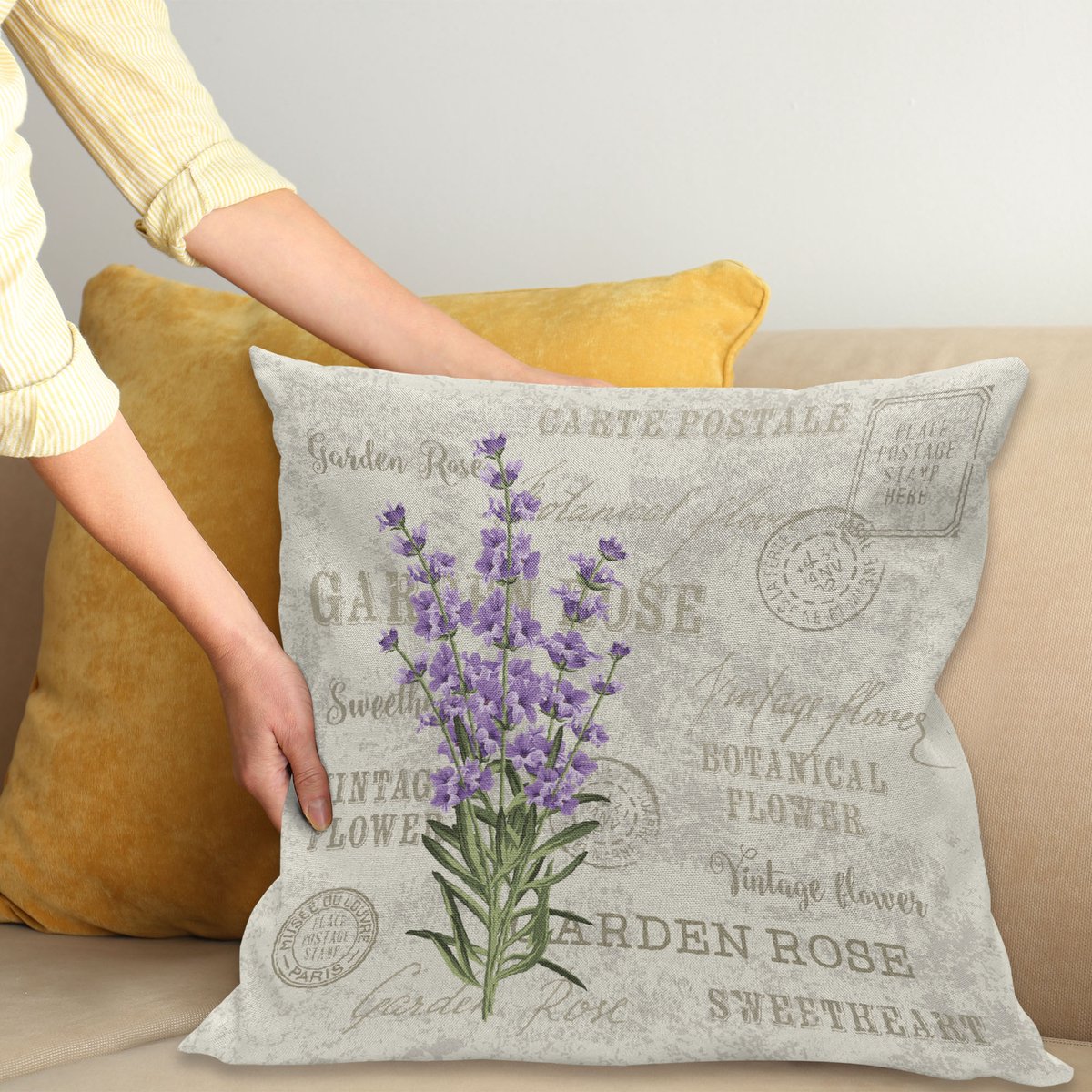 ABAKUHAUS Lavendel Sierkussenhoes, Vintage Postcard Compositie met Grunge Display en Bloemen, Decoratieve Vierkante Sierkussenhoes, 65 x 65 cm, Groen