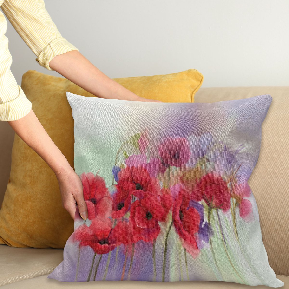ABAKUHAUS Bloem Sierkussenhoes, Poppy Bloemen Blur Lente Bloemen Seizoensgebonden Romantisch Illustratie Print, Decoratieve Vierkante Sierkussenhoes, 100 x 100 cm, Lavendel en Rood