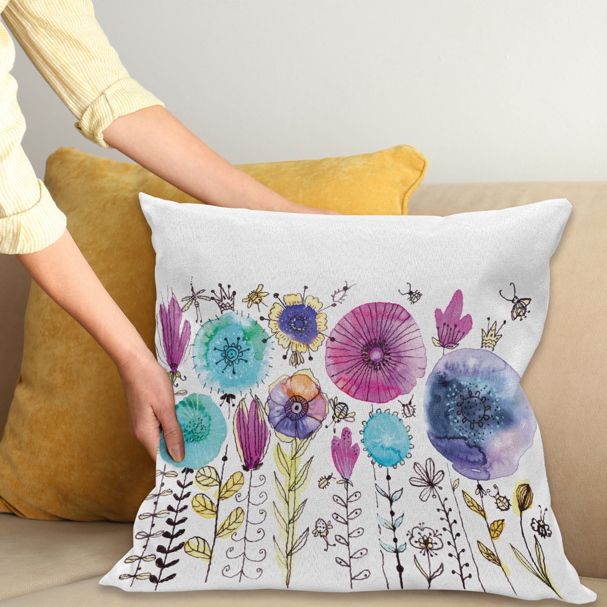 ABAKUHAUS Dragonfly Sierkussenhoes, Hello Zomer Concept met Paardenbloem en Dragonfly Be Vrolijk Kunstwerk, Decoratieve Vierkante Sierkussenhoes, 100 x 100 cm, Roze Blauw