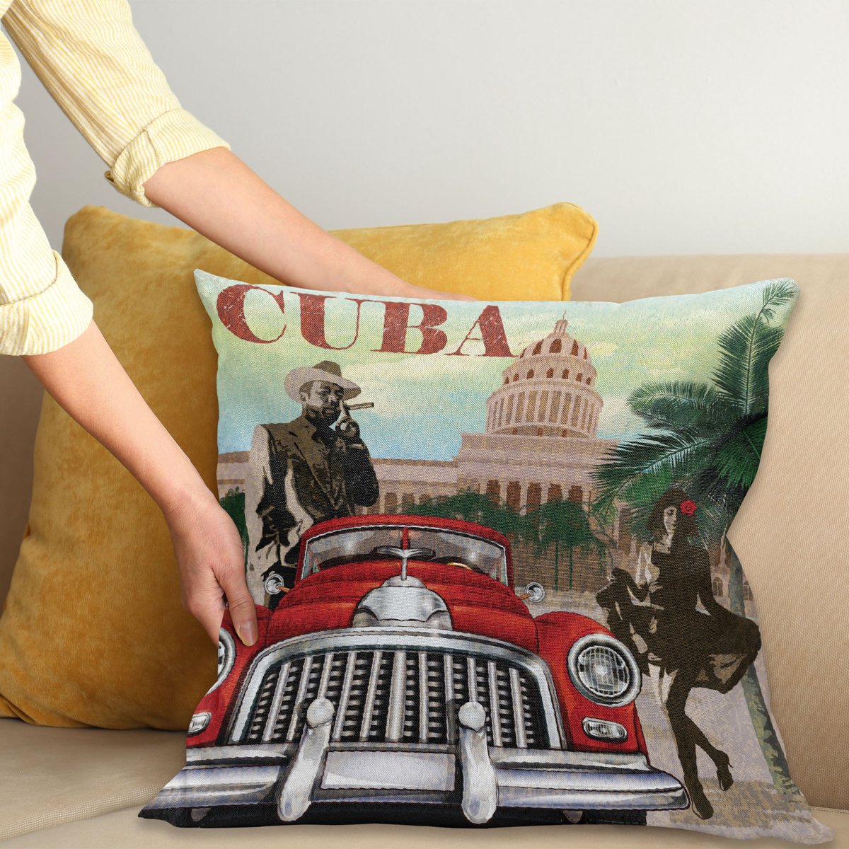ABAKUHAUS Cuba Sierkussenhoes, Landelijk Tourism Advertisement Thema Vintage Ontwerp Cigar Smoking Man en Dancing Girl, Decoratieve Vierkante Sierkussenhoes, 45 x 45 cm, Zachtrood