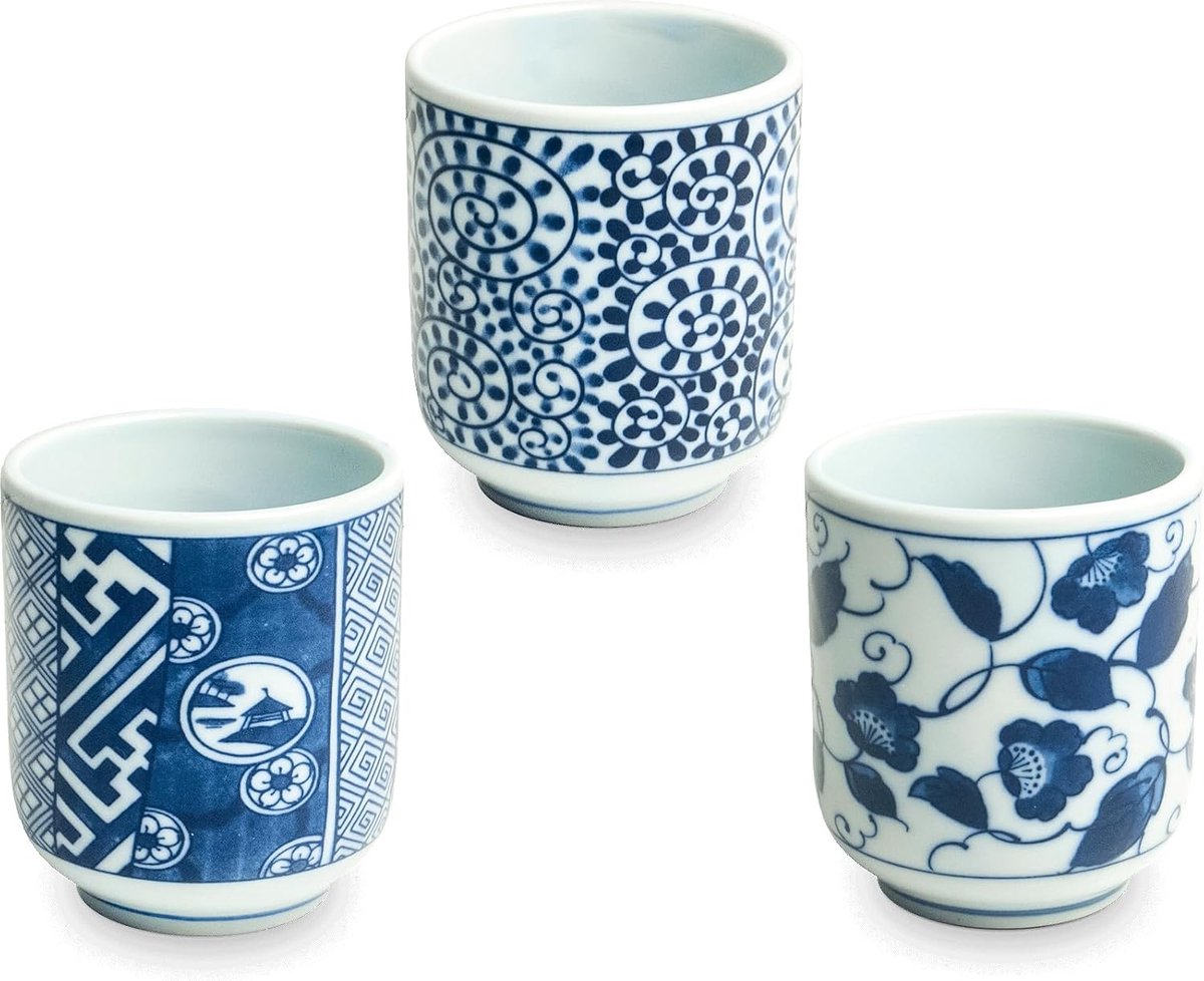 3 stuks - Theekopjes - Set - Edo japan - Japanse theekopjes - Theeglazen set - Theekopjes blauw en wit - Theeglazen - Koffieglazen - Koffiekopjes - Drinkbeker - Theeset - Theeservies - Japans servies