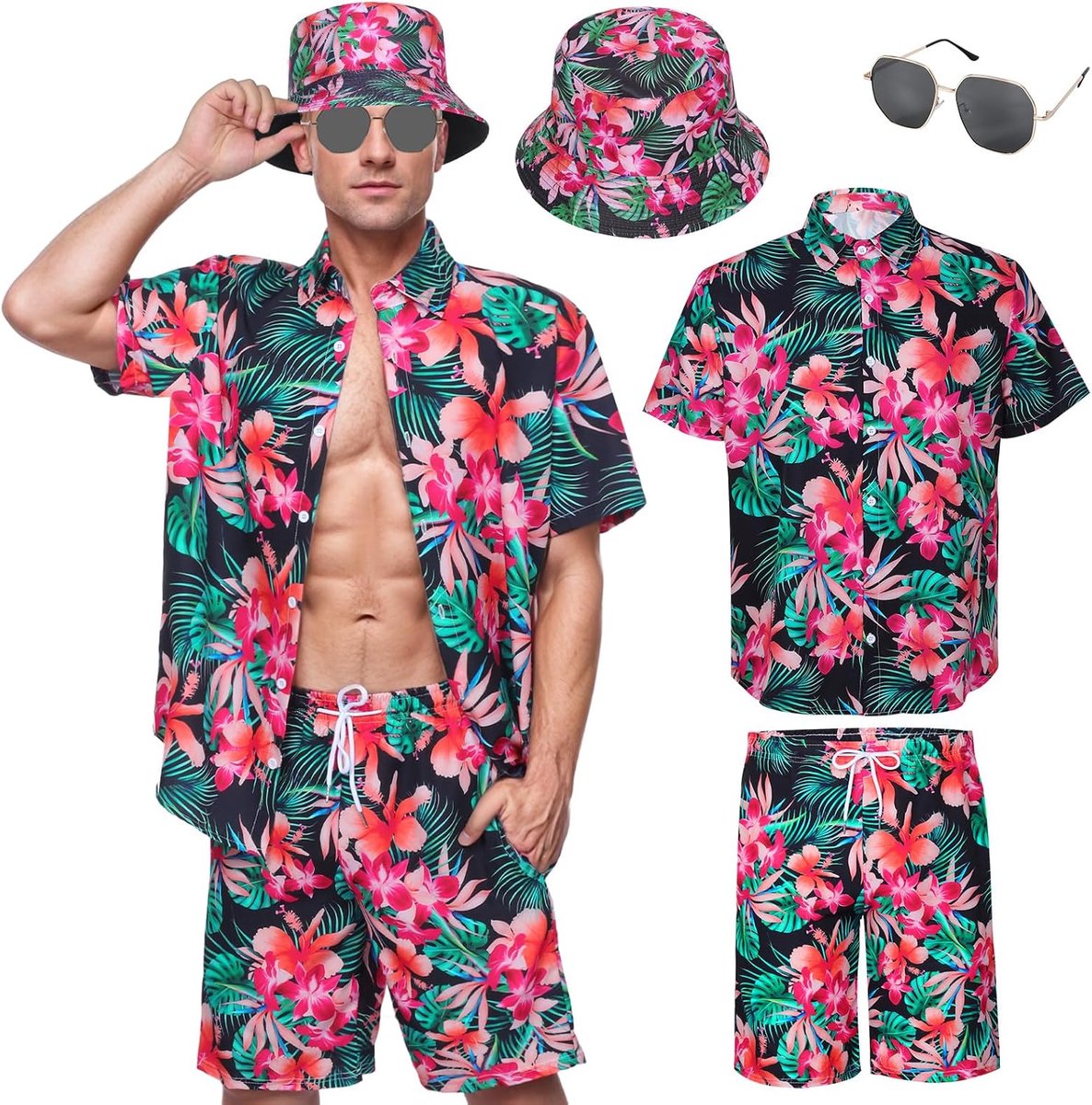 Hawaïhemd voor heren, korte mouwen, casual, bloemen, Hawaïhemd set met shorts, vissershoed, Hawaïkostuum voor zomer, strand, feest
