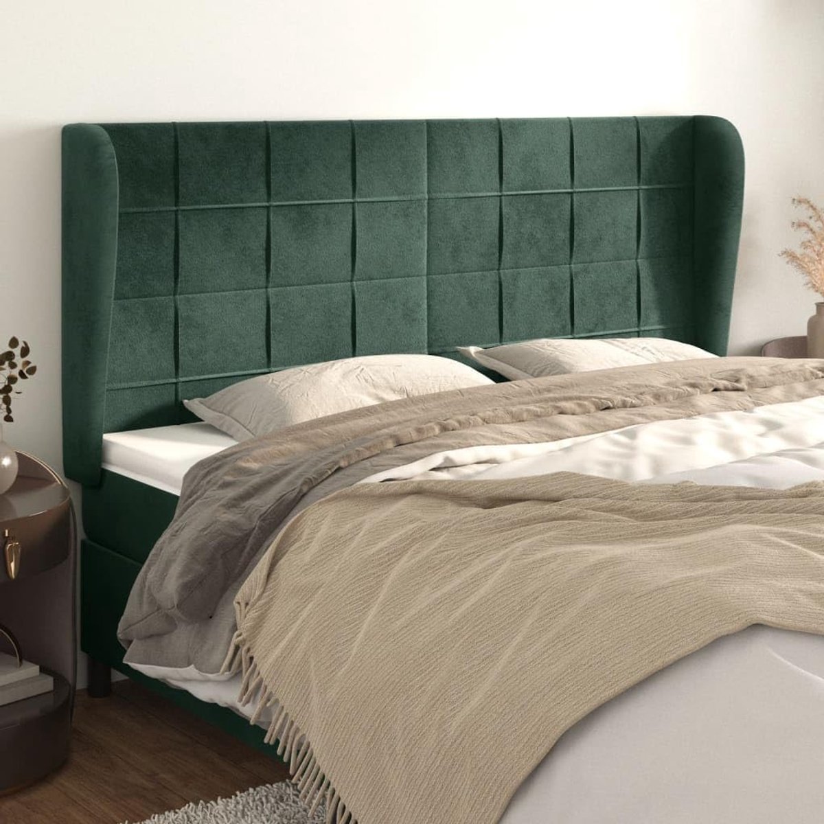 Hoofdbord met oren, donkergroen, 163 x 23 x 118/128 cm, fluweel, hoofdeinde voor de slaapkamer, hotelhoofdeinde, werkkamer, voor slaapkamer, tweede slaapkamer, hotel