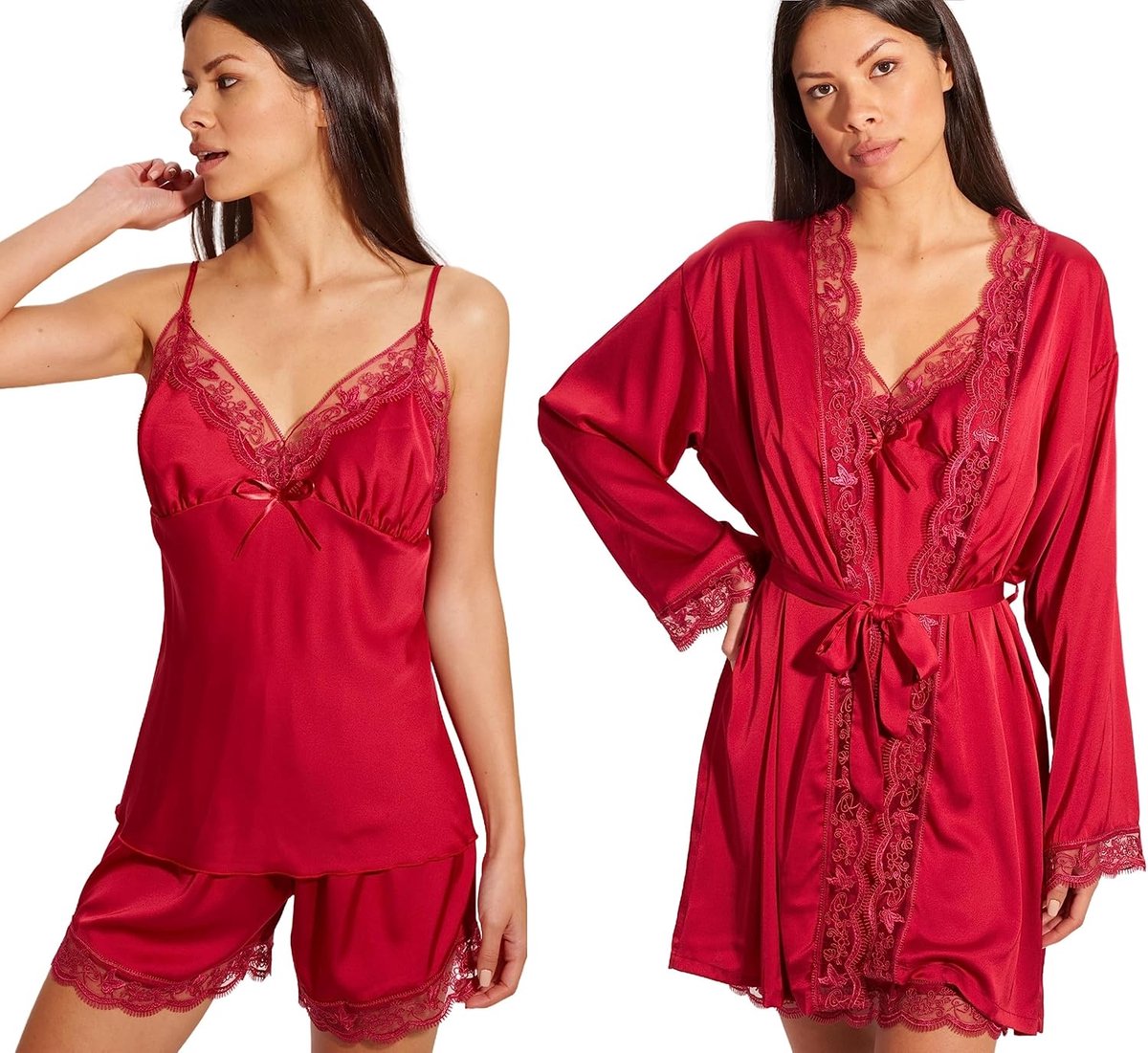 Lily - Damespyjamaset van zijde satijn met kant. 5-delig, badjas, nachthemd, top, broek en shorts. Zacht en elegant.