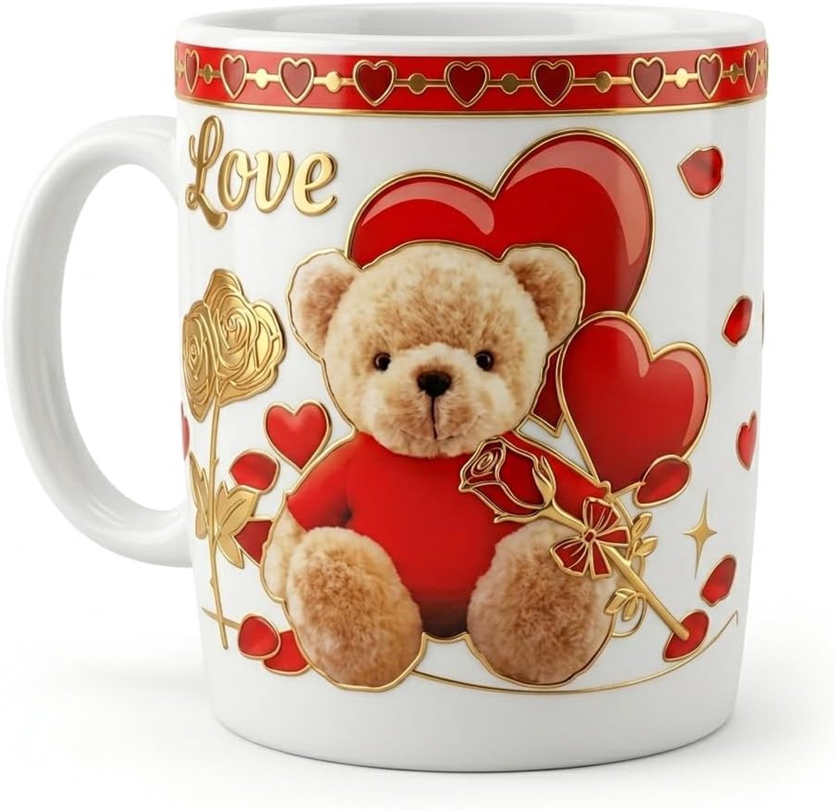 mok met gouden reliëf, liefdesdesign, teddybeer en rozen