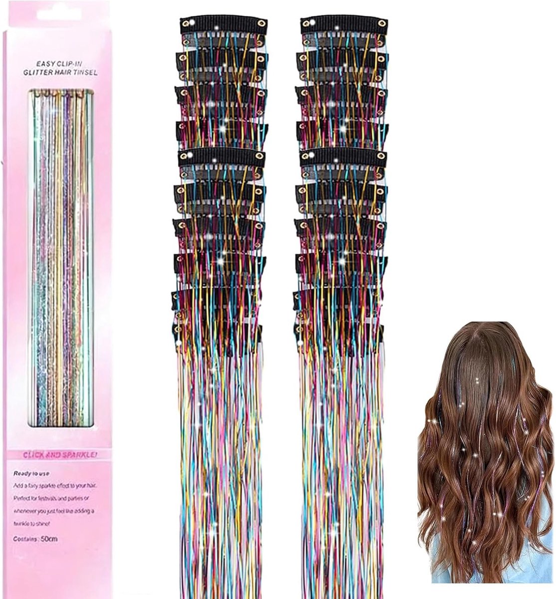 Haarextensies, glitterstrengen, glitterhaarlokken, lametta, regenboog, om in te vlechten, haarstukje met clip, voor meisjes en vrouwen