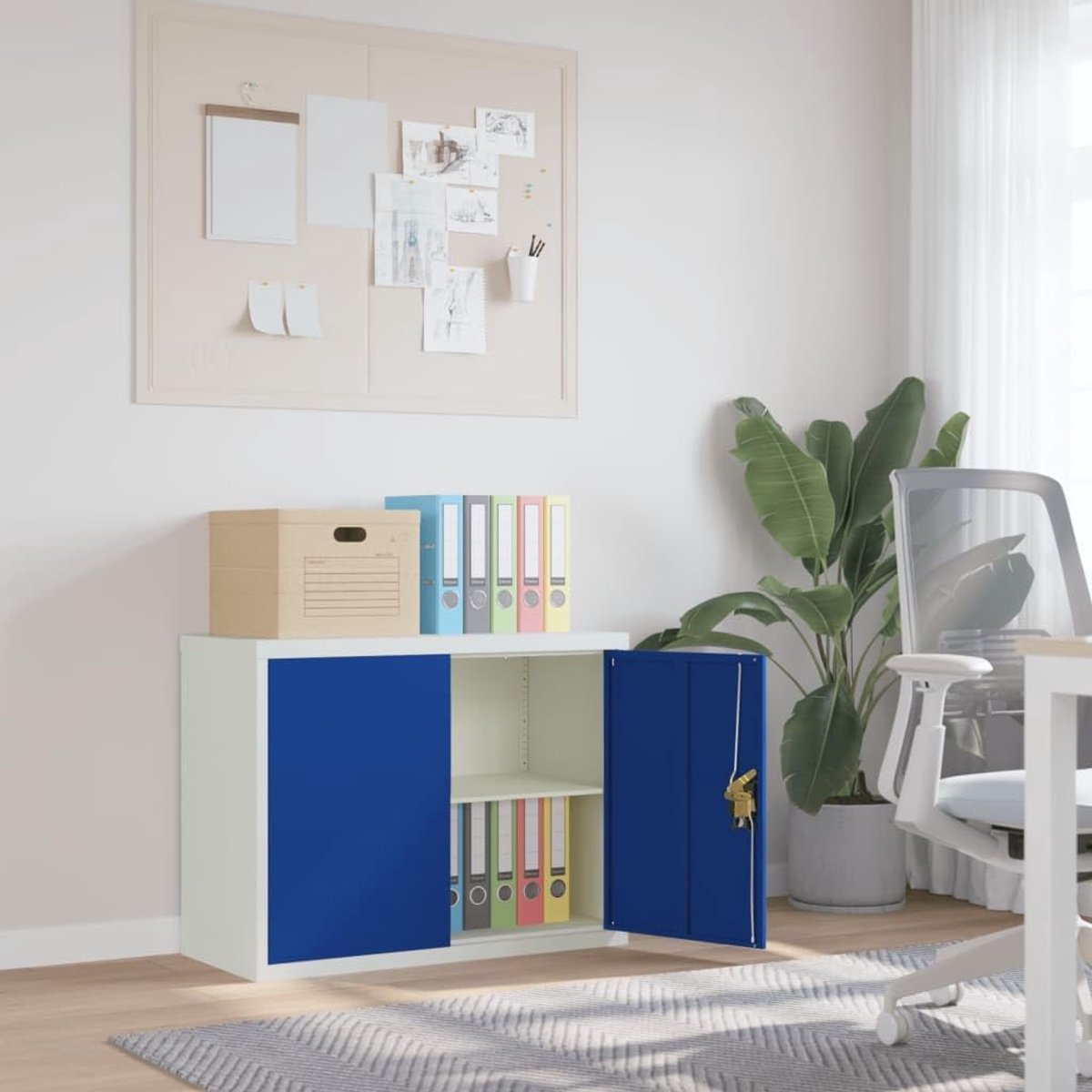 Archiefkast van gepoedercoat staal 90 x 40 x 70 cm, afsluitbare kantoorkast in lichtgrijs en blauw met legplank voor kantoor en werkkamer