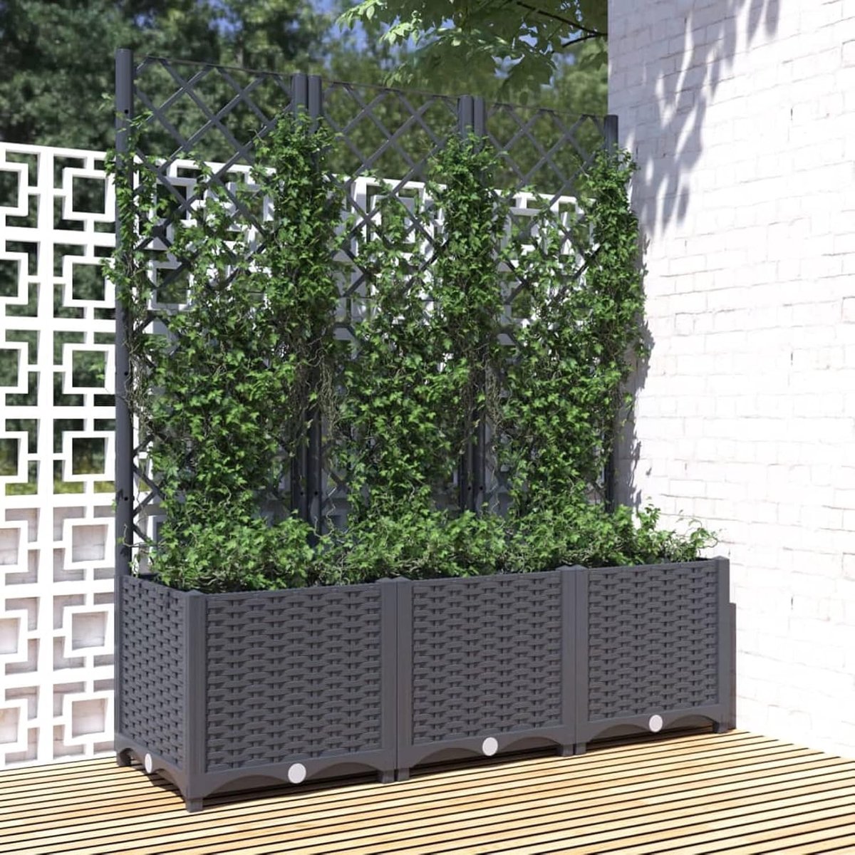 Bloembak voor de tuin, met rooster, voor buiten, met schoudersteun voor buiten, met rankrooster donkergrijs, 120 x 40 x 136 cm, polypropyleen