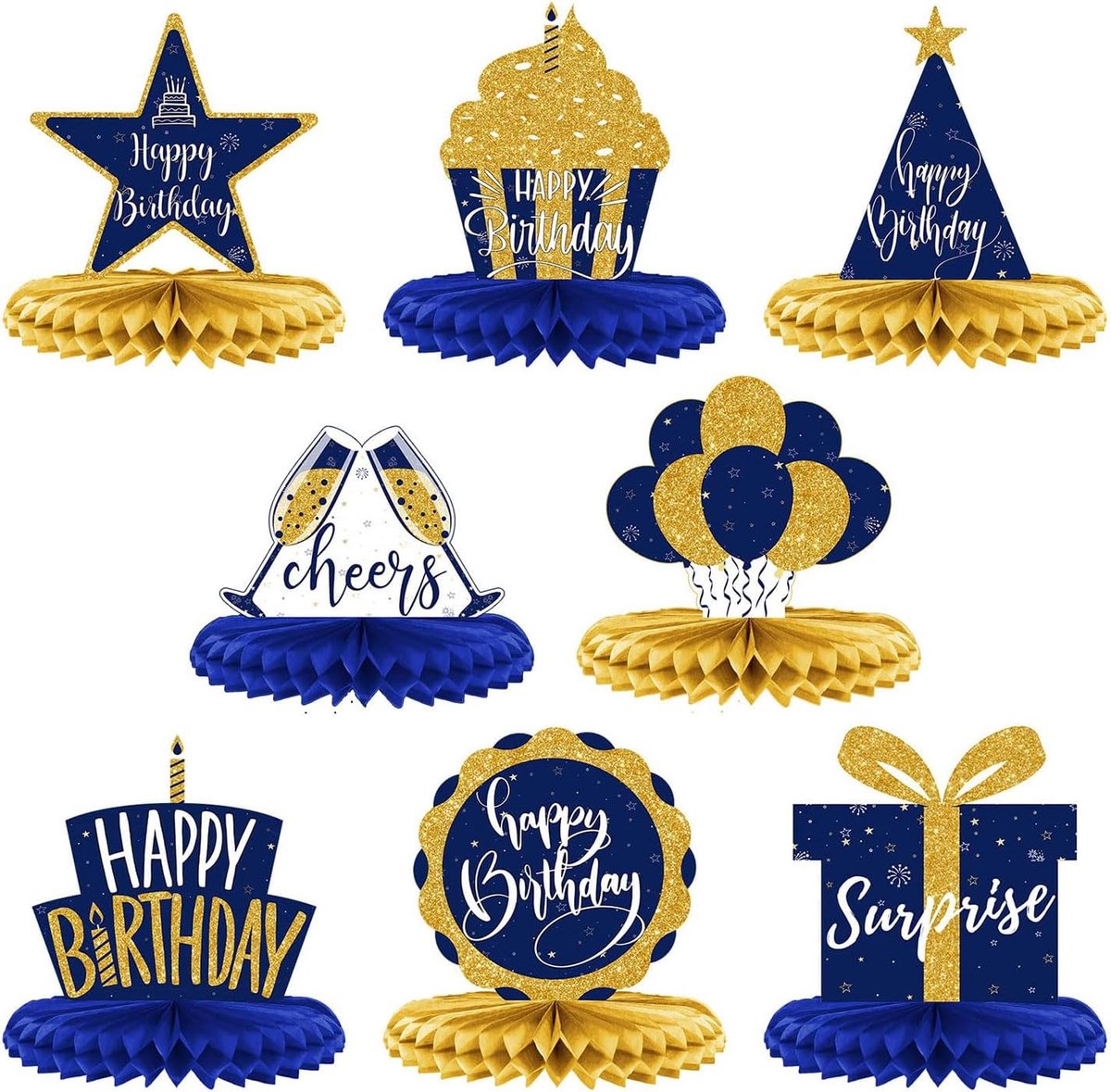 8 Stuks Blauwe Gouden Verjaardagsversieringen Verjaardagsfeest Honingraat Centrumstukken Sprankelende Tafelkleden Blau En Goud Feestdecoraties Voor Heren En
