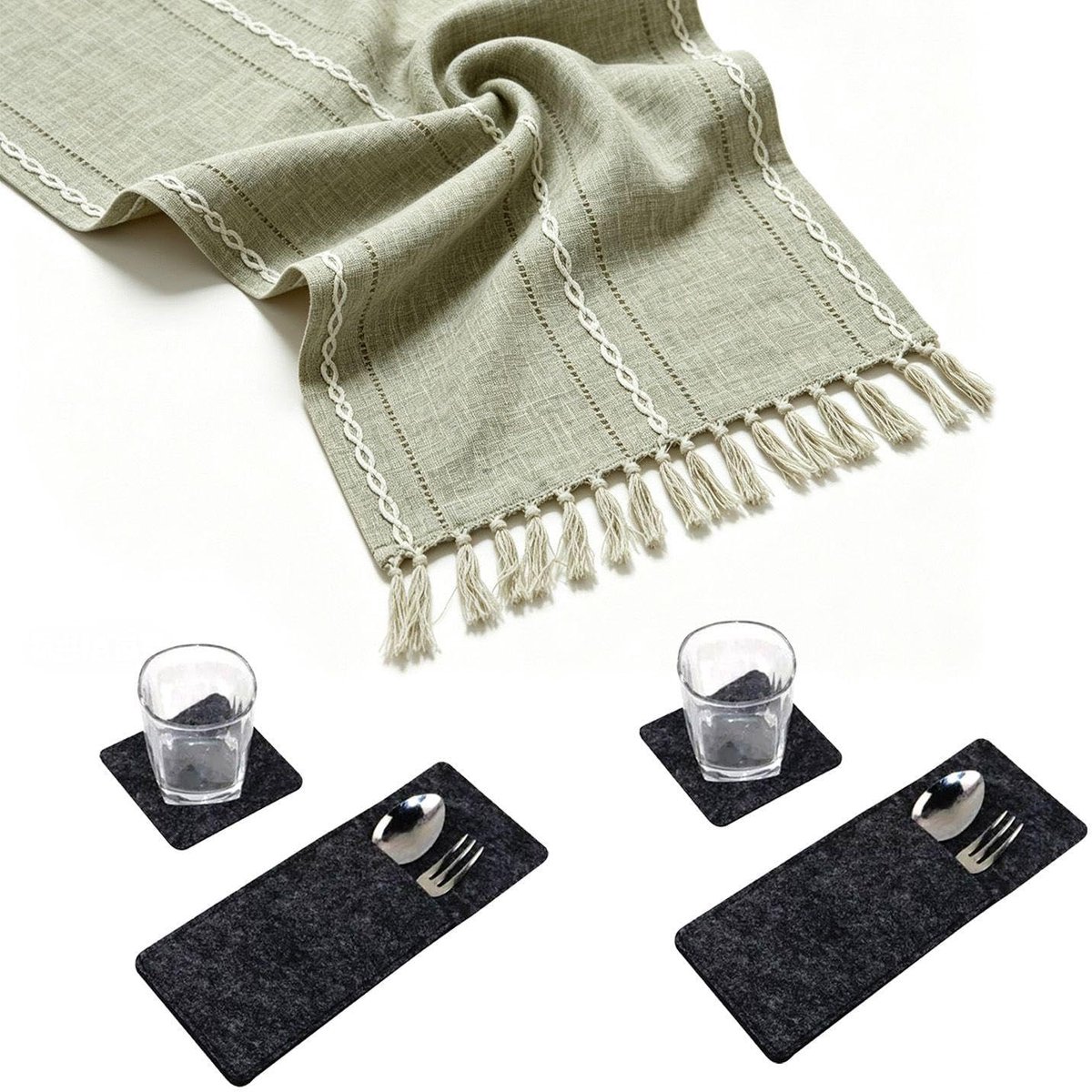 1 Stuk Groen Geweven Tafelkleed En 2 Sets Onderzetter Mes En Vork Zakken, Ceremonie Accessoires Voor Het Dineren Sfeer, Zachte Huishoudelijke Decoratie Dagelijkse Compilatie.