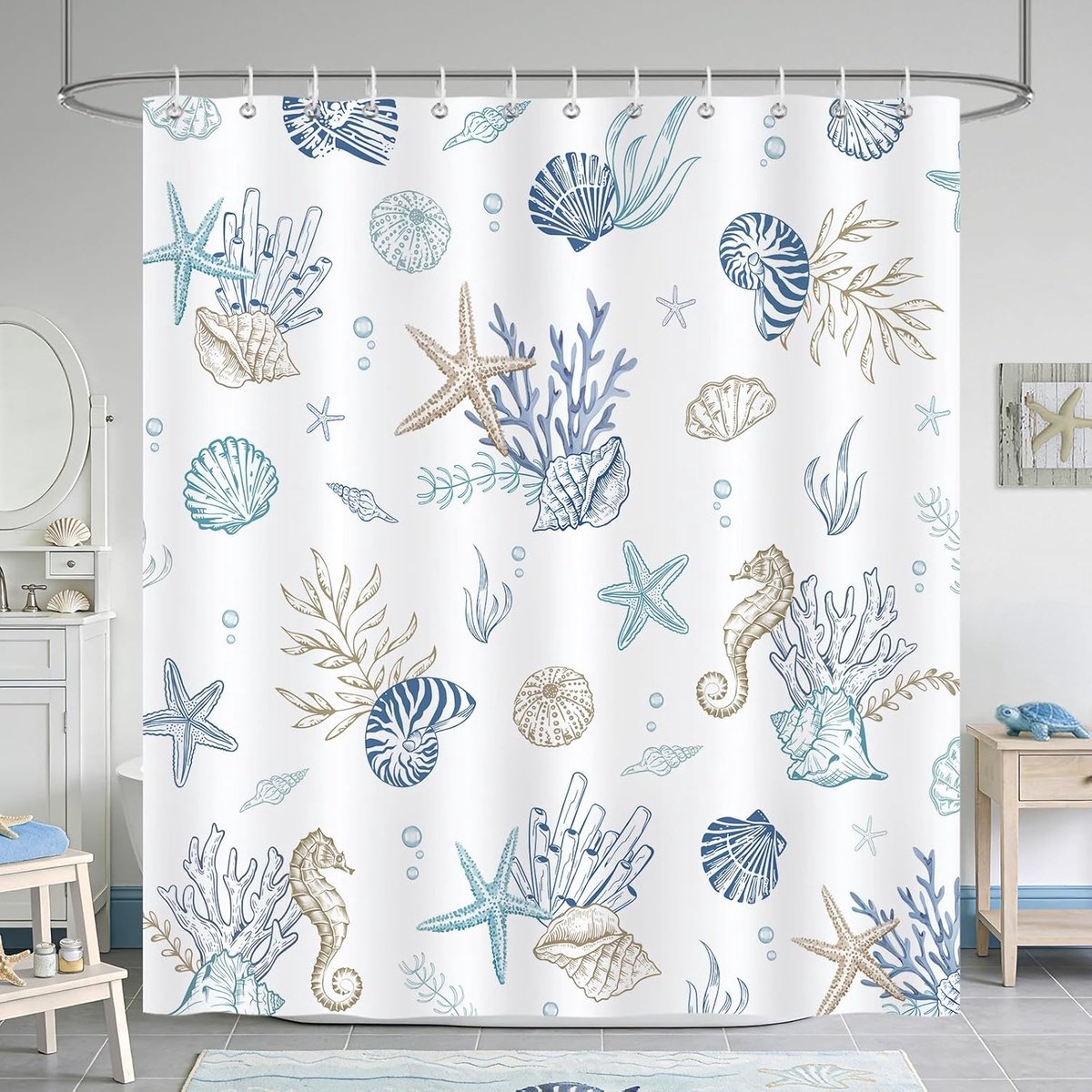 Douchegordijn, 180 x 180 cm, nautische kust, oceaan, zeester, koraal, strand, douchegordijnen, schimmelwerend, waterdicht, polyester stof, badgordijn met 12 douchegordijnringen