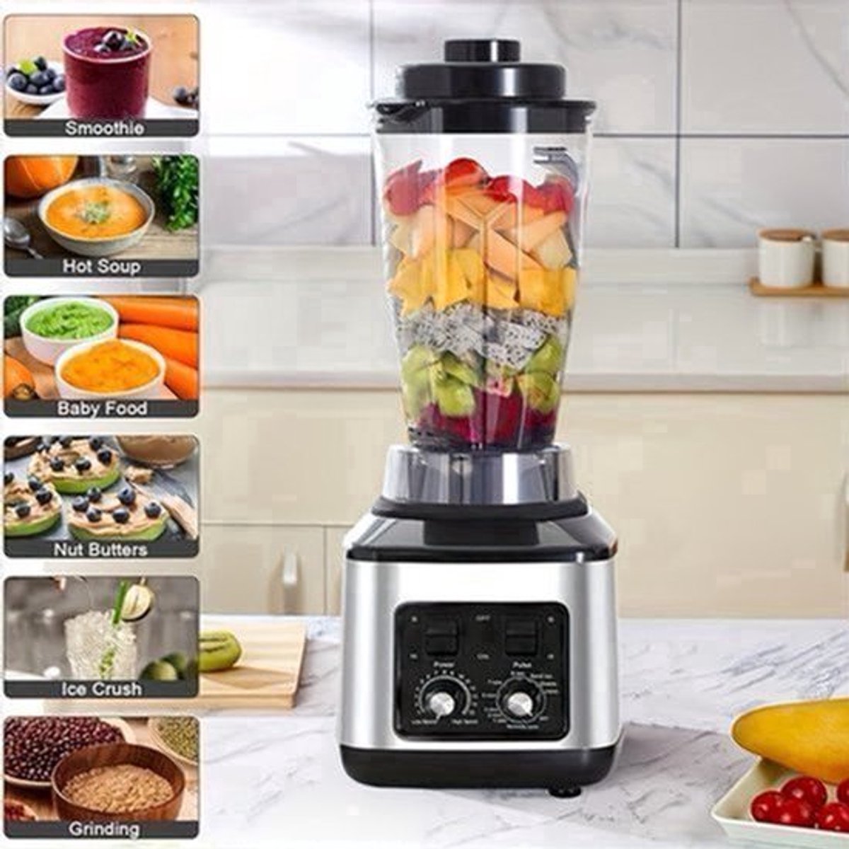Multifunctionele Keukenmachine – Blender – Food Processor – Sapmaker – IJscrusher – Grote Inhoud 3L+1,5L+0,5L – Krachtige 9500W Motor – Stille Frequentie Technologie