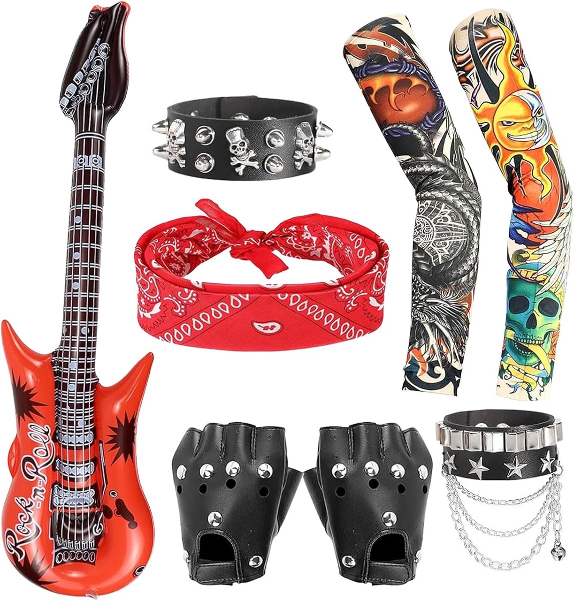 8-delige punk-rockstar-verkleedset, zware metalen rockster, gothic rocker-kostuumaccessoires voor vrouwen, mannen, jaren 80, discofeest (handschoenen, bandana, tattoo-mouwen, armband, opblaasbare