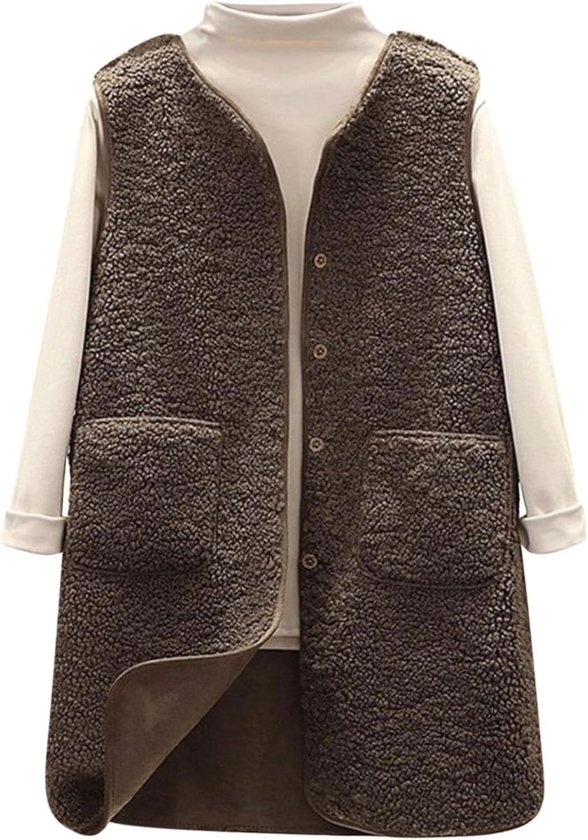 Damesvest, fleecejas, warm, effen, jas, herfst, winter, lange vesten, elegant, casual, outdoor, vesten, klassieke pasvorm, jas met zakken, mouwloos vest, losse V-hals