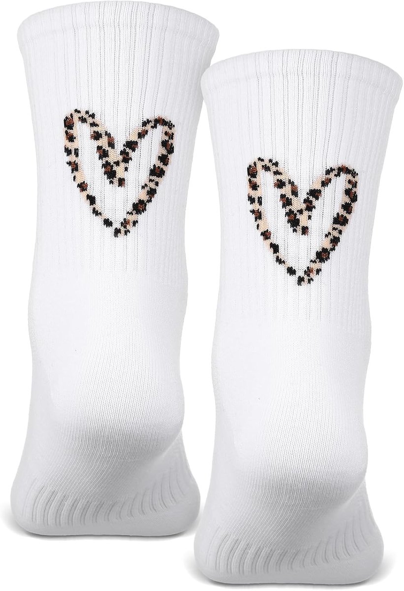 Tennissokken, luipaardpatroon, grappige knuffelsokken, luipaardprint, sportsokken voor dames en heren, wit, One size