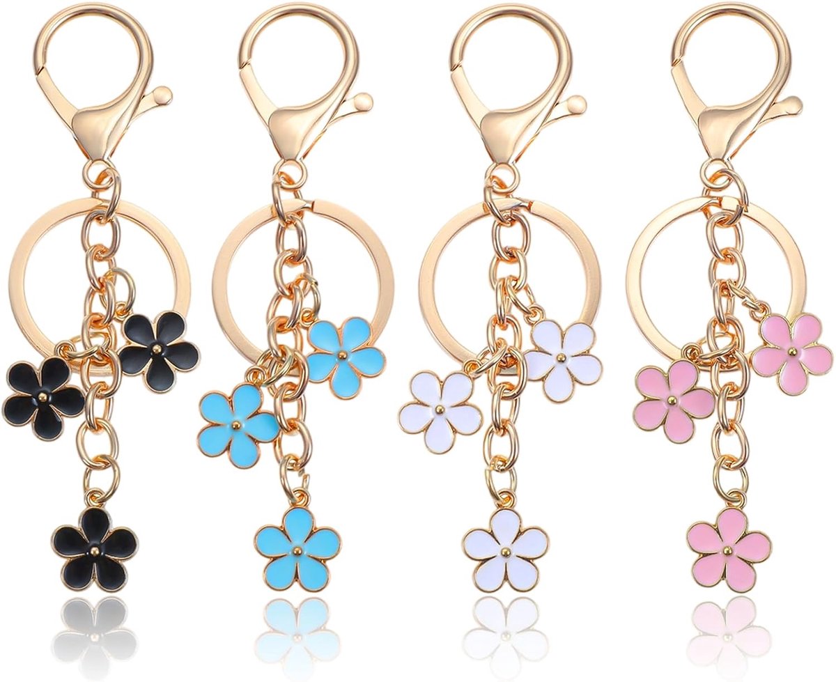 4 stuks bloem sleutelhanger - schattige portemonnee bedels voor vrouwen charme sleutelhanger voor handtassen rugzak portemonnee tas keyrngs accessoires (roze, zwart, wit, blauw