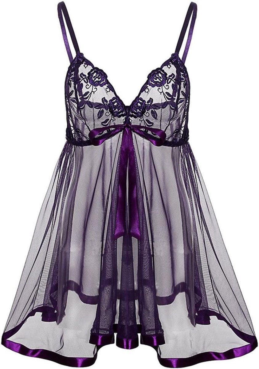 sexy lingerie diepe V-hals negligé sexy transparant kant chiffon jurk babydoll lingerie sets jurk kant aantrekkelijke babydolls nachtjassen met G-string, grote maten XL-5XL