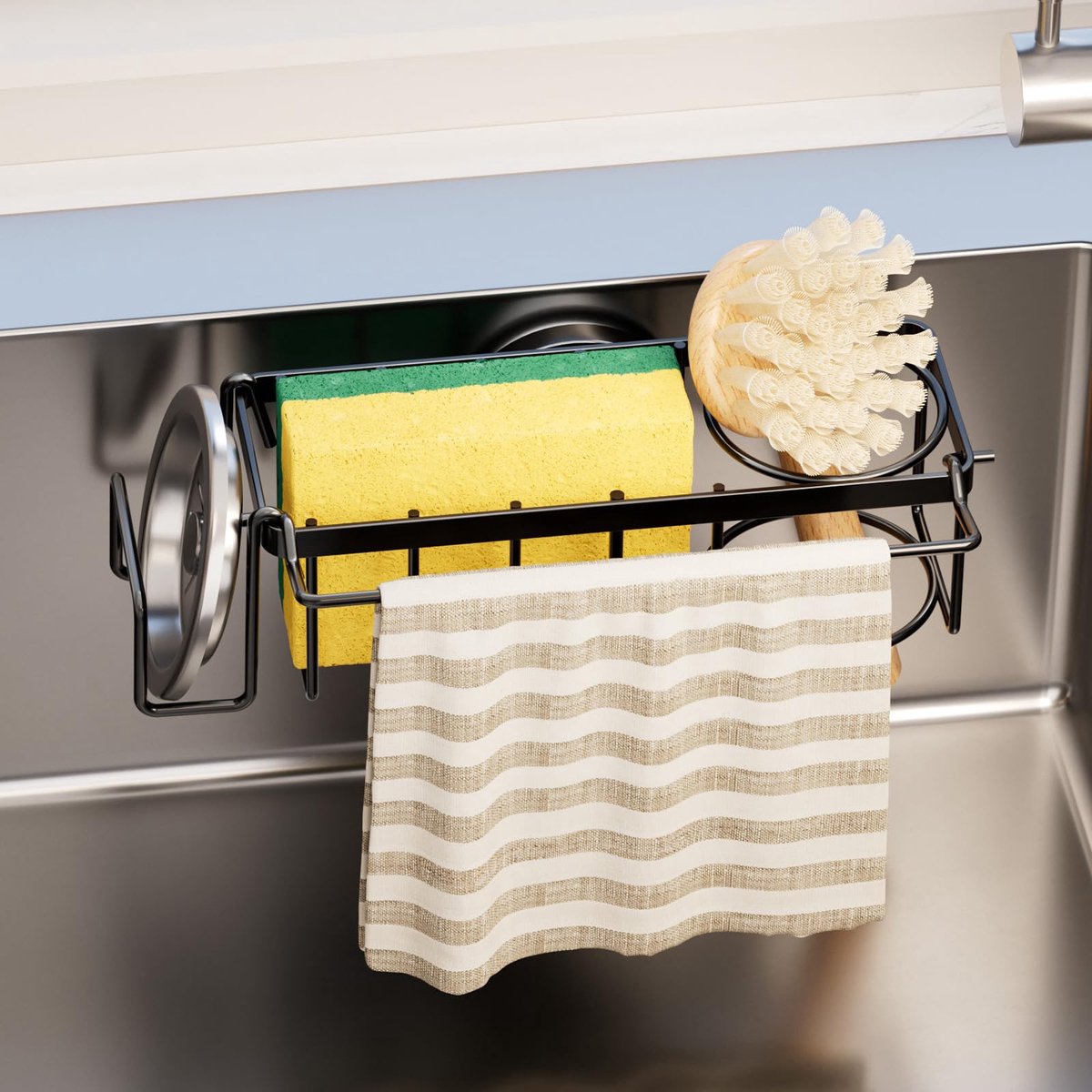Famanu – 4-in-1 sponshouder met zuignap, gootsteenorganizer, zwart