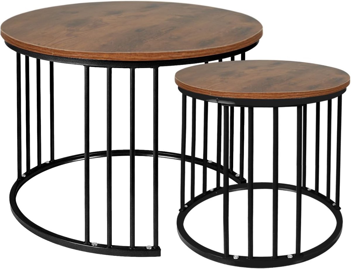 Marmerlook - bijzettafel voor woonkamer - diameter 40 + 60 cm - groot rond - MDF - voor woonkamer, slaapkamer, balkon - (60 x 60 x 45 cm + 40 x 40 x 38 cm) verbrand hout en zwart