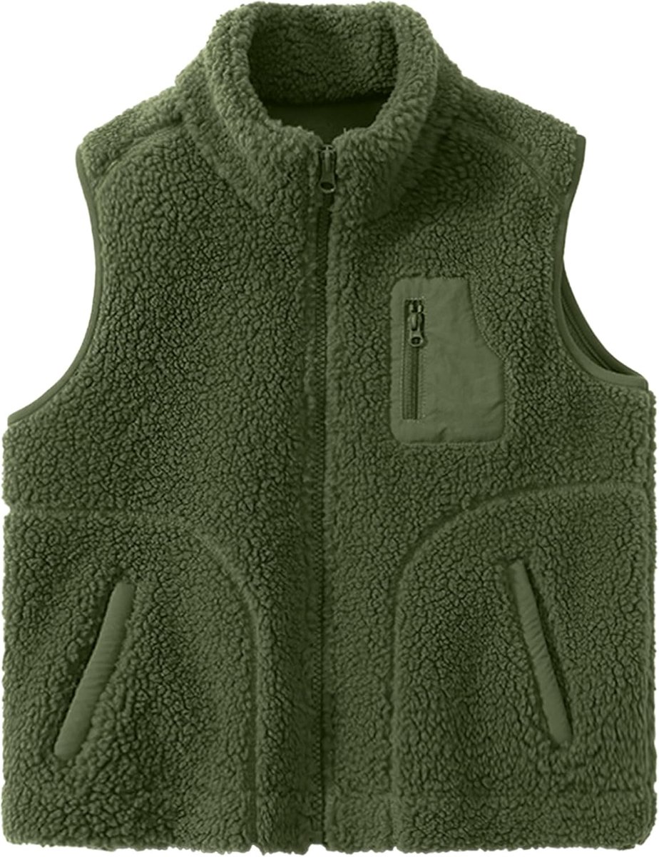 Fleece, dik, kinderen, opstaande kraag, ritssluiting, mouwloos, vader-kind-jas, herfst, winter, bovenkleding met zakken, olijfgroen 130, D1101 olijfgroen, 122-128