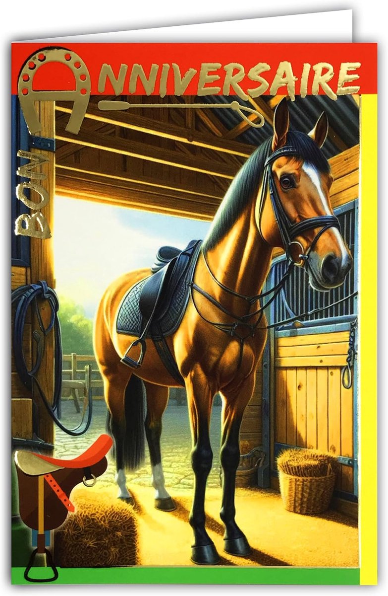 67-1278 Kaart Bon VERJAARDAG Hoefijzer geluksbrenger goud glanzend goud en envelop 12x17,5cm paardrijden hippic club paardensport hengst merrie veulen pony stal box zadel zweep