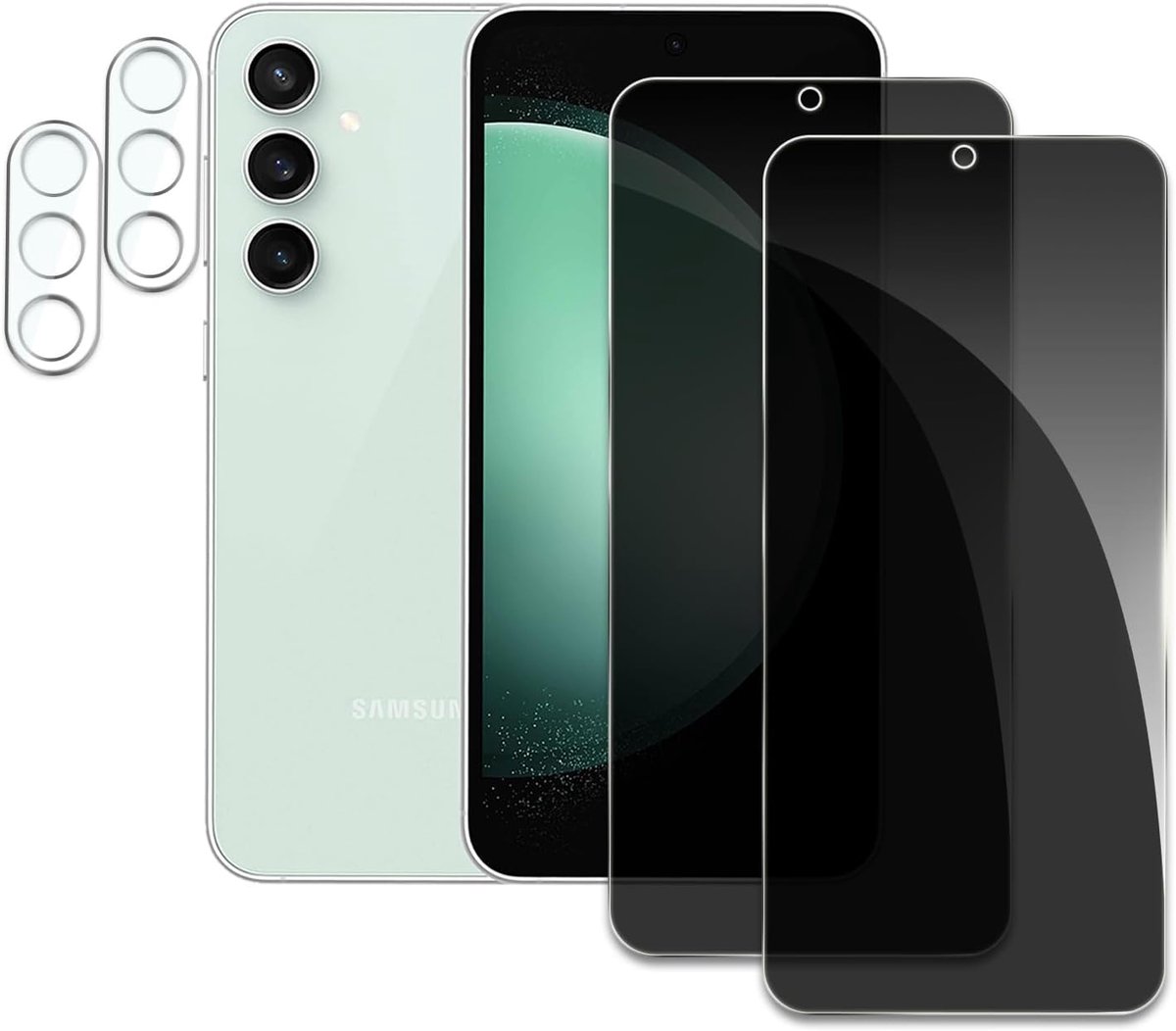 2 stuks privacybeschermingsfolie voor Samsung Galaxy S23FE met 2 stuks camera pantserfolie, anti-spy beschermglas, 9H hardheid, anti-krassen, anti-olie, anti-luchtbellen, eenvoudige installatie