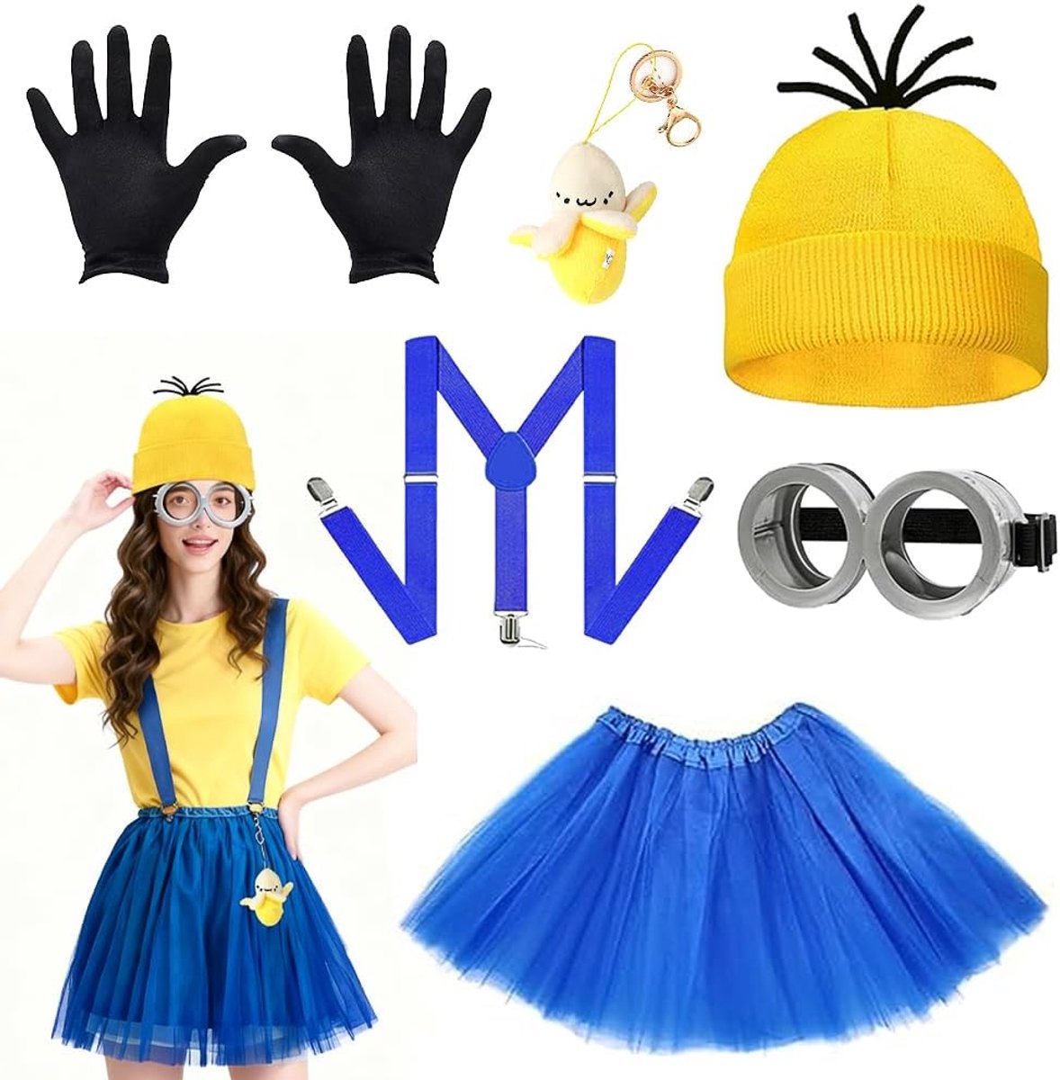 7-delige gele kostuumset, geel cosplaykostuum voor volwassenen, inclusief bril, hoed, handschoenen,rok met knoopjes en bananenaccessoires.Kostuumset voor carnaval, Wereldleesdag, Halloween en cosplay.