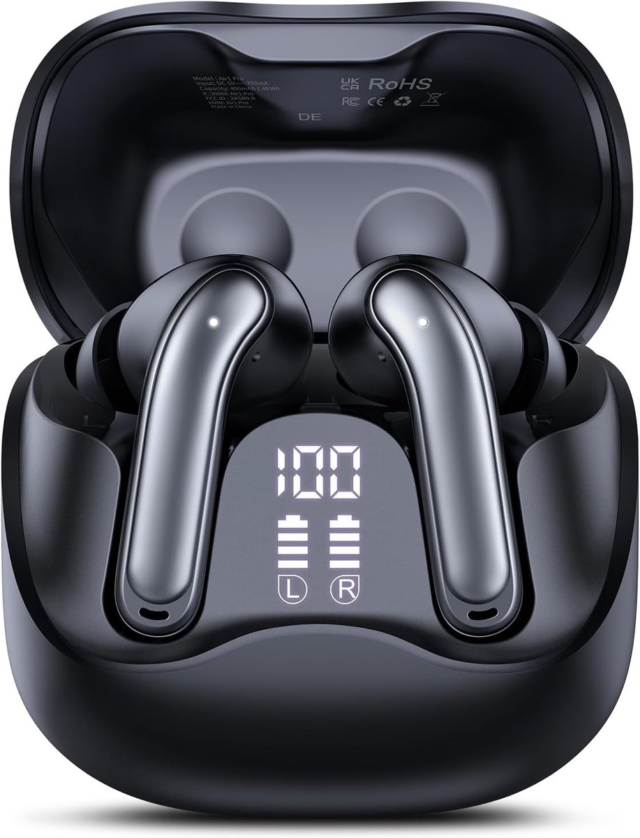 Bluetooth-hoofdtelefoon met hybride actieve ruisonderdrukking, in-ear hoofdtelefoon, draadloos, Bluetooth 5.4, 6mic, 49 uur afspelen, krachtige bas, 8 EQ-modi, app-bediening, draadloos opladen