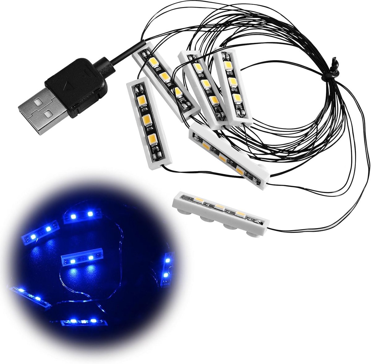6 x led-downlight bouwsteenlampen, 1 x 4 USB-voeding, blauw, compatibel met bakstenen, doe-het-zelf verlichtingssysteem voor modellen en sets, flexibel insteeksysteem, ideaal accessoire voor