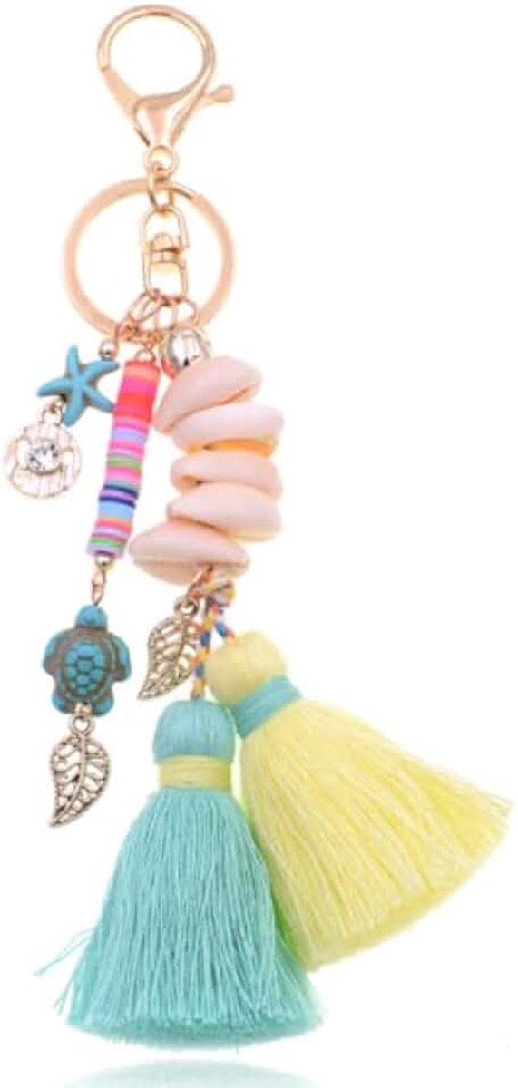Sleutelhanger goudkleurig blauw geel met schelpjes