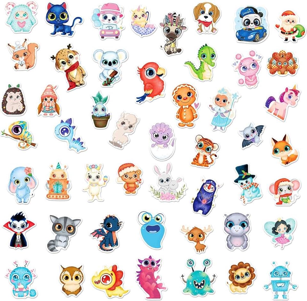 50x Dierenstickers - Schattige stickers - Grote ogen - Laptopstickers - Bulletjournal - Decoratie - Vrolijke stickers - Jonyx