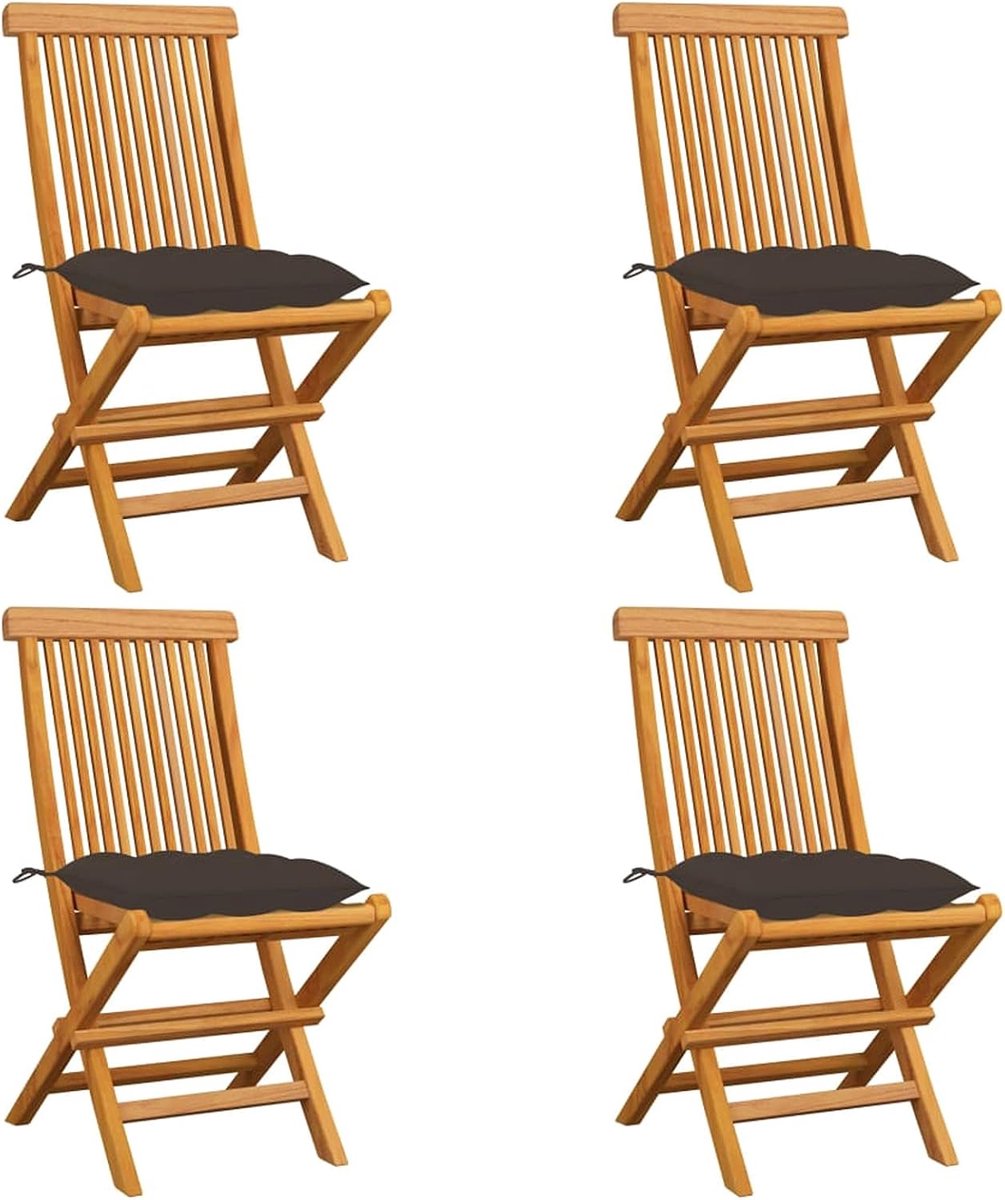 4 stuks tuinstoelen met taupe-kussen, inklapbaar, houten stoel, armleuningstoel, hoge rugleuningstoel, terrasstoelen, balkonstoel voor balkon, terras of tuin, massief hout teak