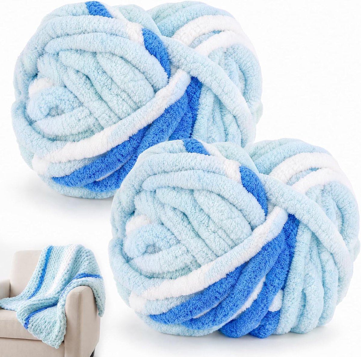 Wol om te breien, 250 g x 2 chunky garen voor handbreien, wollige zachte wol, XXL-armbreiwol voor het haken van dekens, sjaals, mutsen, huisdiernest (A29 fris blauw)