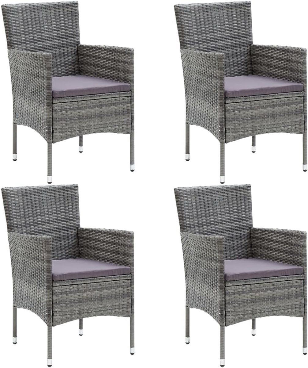 4 stuks polyrotan tuinstoelen grijs met zitkussen, stalen frame en handgevlochten PE-vlechtwerk voor terras en balkon, ergonomische zitgroep met gebogen