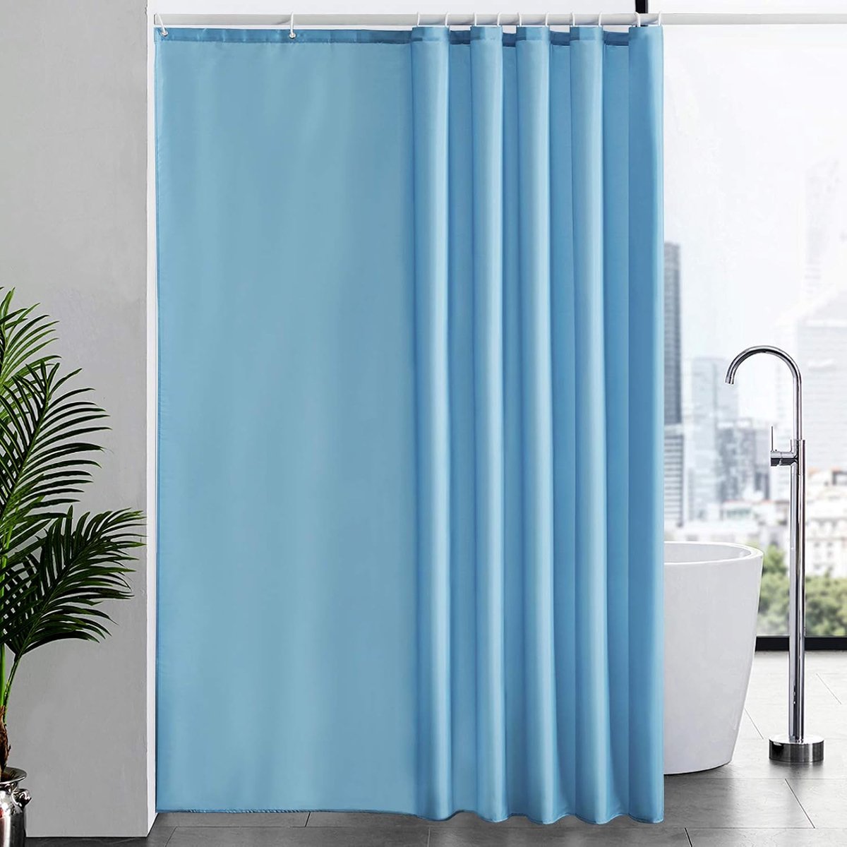 Douchegordijn Anti Schimmel Polyester Stof Waterdicht Douche Gordijnen Wasbaar Textiel voor Badkuip of De Badkamer 12 Douchegordijnhaken Lichtblauw Extra lang 200x240cm.
