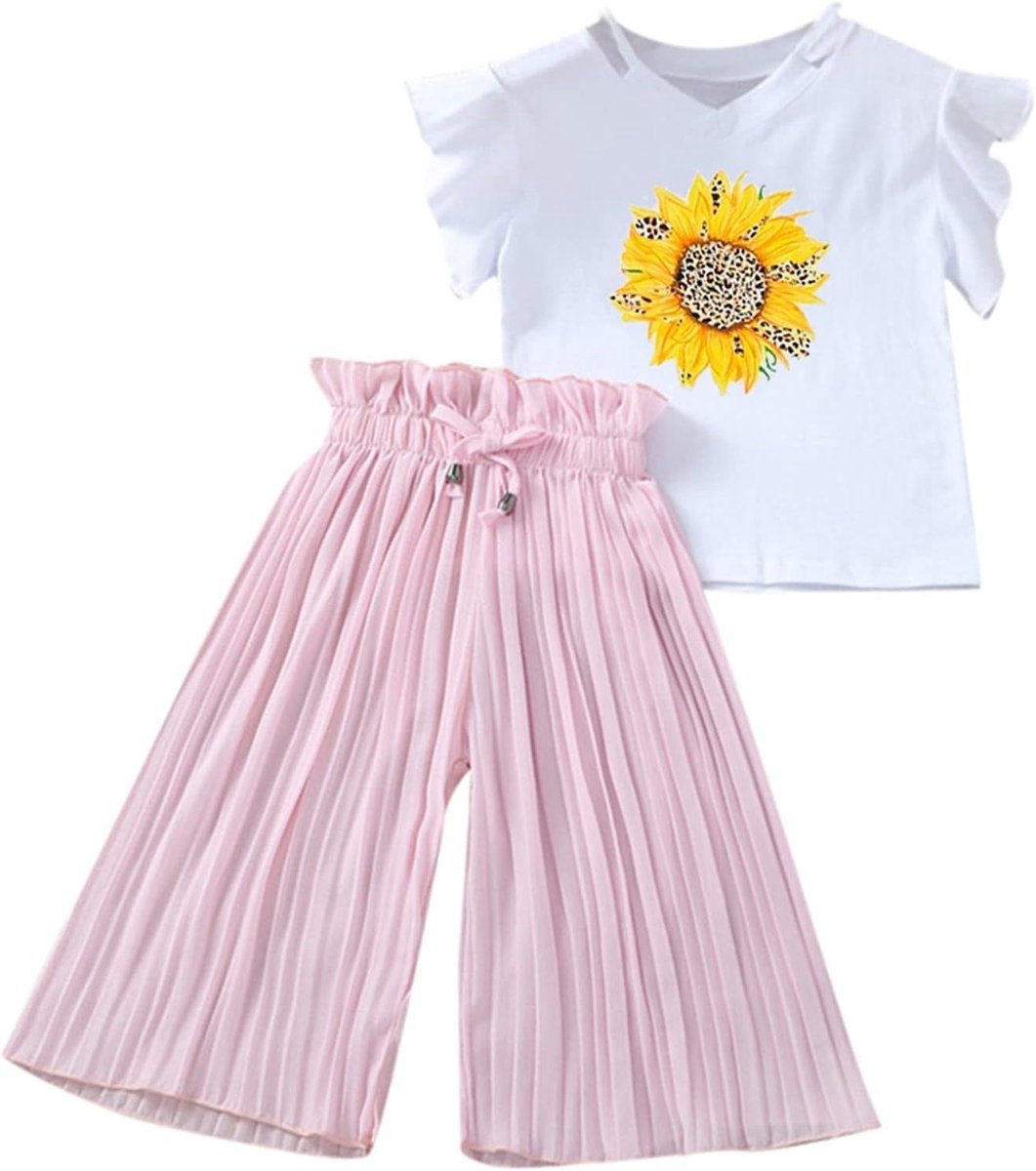 2-delige set voor meisjes, zomerkleding, katoen, mouwloos bovendeel met ruches en pofshorts, knapperig en zijdeachtig, A175