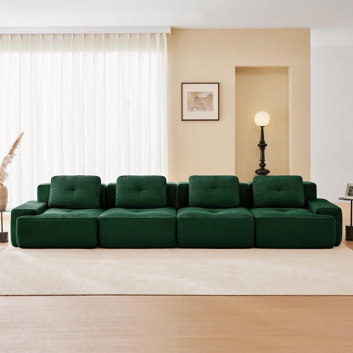 Modulaire bank, moderne bank voor woonkamer met 74 cm diepe zitting, corduroy bank, cloud gestoffeerde bank, banken combineerbaar, voor woonkamer (groen, 4S)