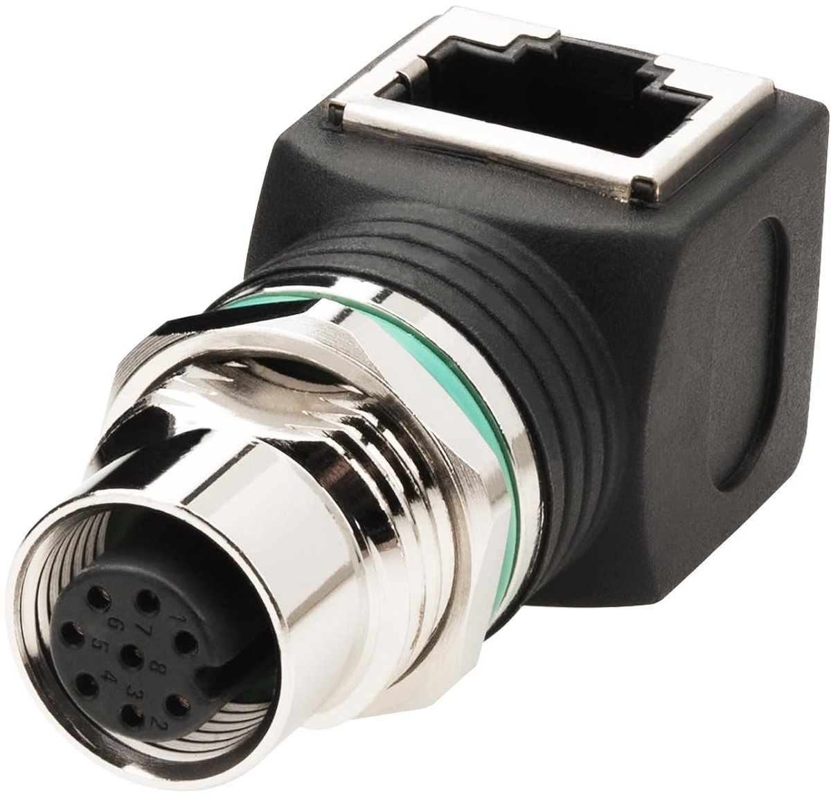 Vrouwelijke 8-pins RJ45 adapter A-code, 90 graden, kunststof, IP68, afgeschermde industriële adapter voor camera, sensor (rechterhoek, vrouwelijk)