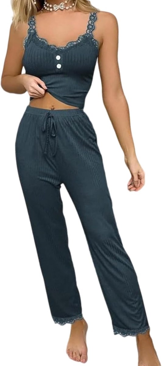 2-delige pyjamaset voor dames, kanten pyjama, buikvrij, cami-top, lange broek, V-hals, nachtkleding, elegant, mouwloos, prikkelend, zacht, loungewear, comfortabel, negligé, elastisch