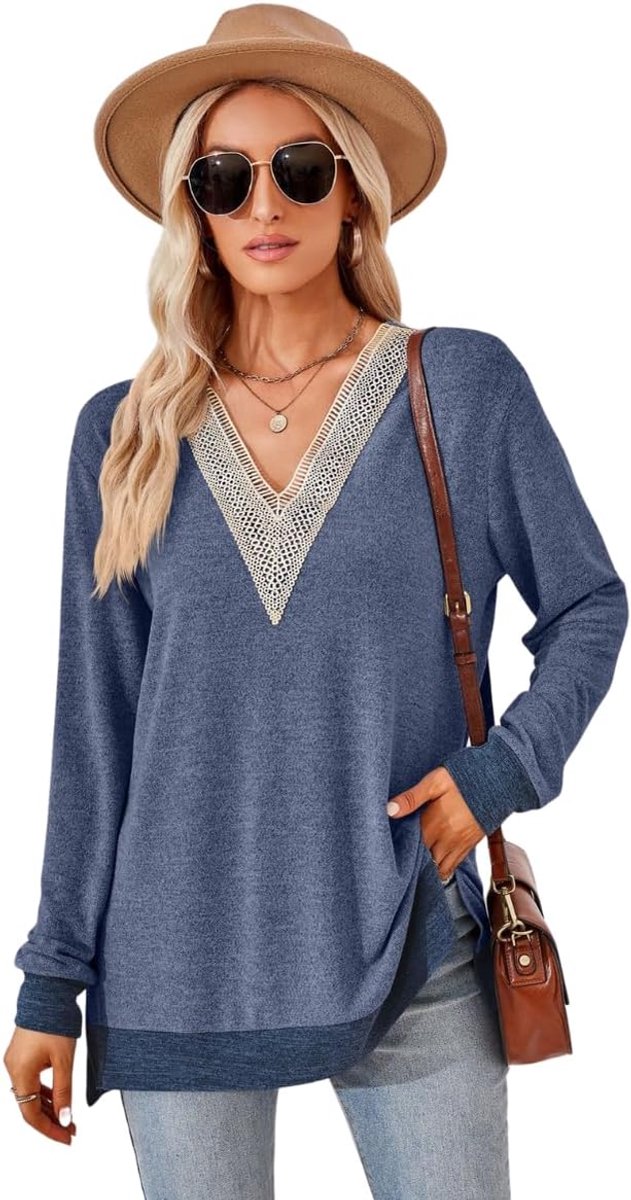 Lange mouwen dames V-hals blouse elegante hemdblouse casual T-shirts tops basic effen tuniek casual lente herfst (meerkleurig, S-XXL)