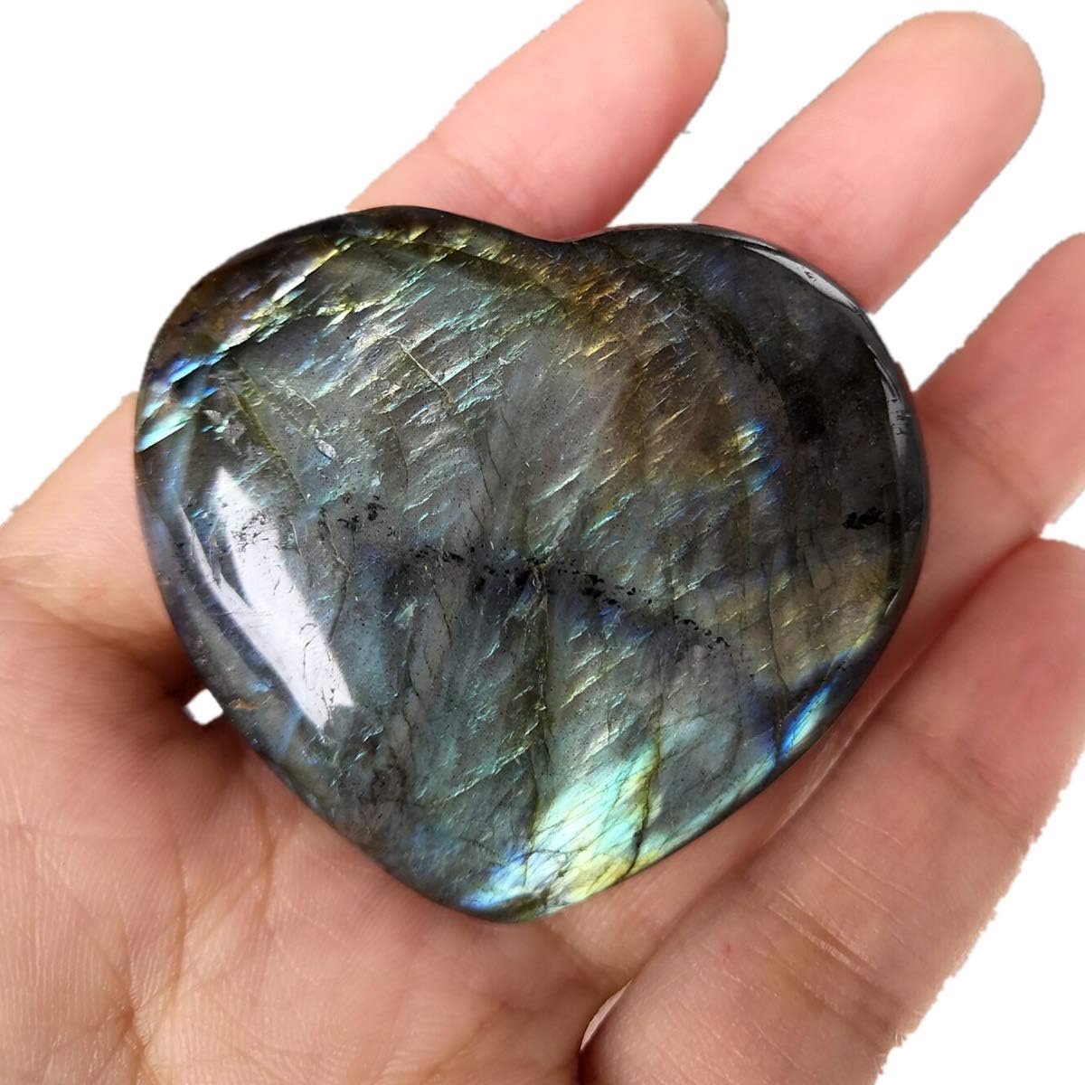 Labradoriet hart liefde hand gesneden palm stenen chakra energie kristal helende steen decoratie, 55-60 mm