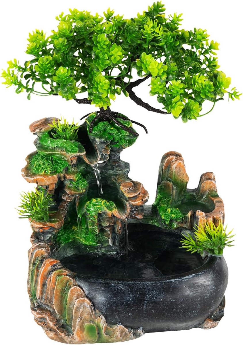 Shui Kamerfontein, waterval met ledverlichting, bureau-tafelfontein, indoor ornament, rotstuin, landschap voor huis en kantoor, kamerfontein met plant en waterval