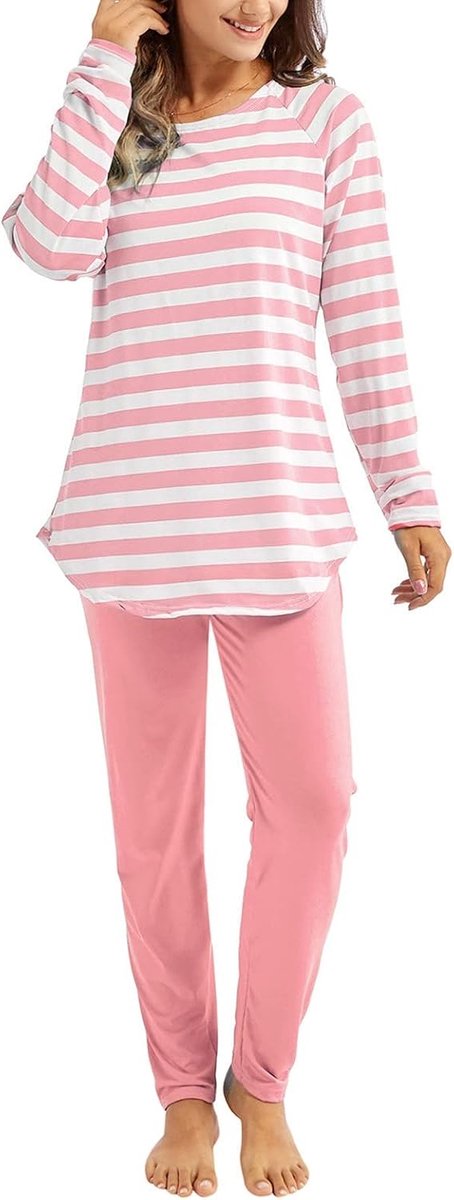 Pyjama voor dames, zomer, katoen, licht, lange mouwen, pyjama, dames, zomer, katoen, licht, broek, set voor thuis en casual, baggy set, 2-delig, casual, nachtkleding, zacht en ademend, nachtkleding