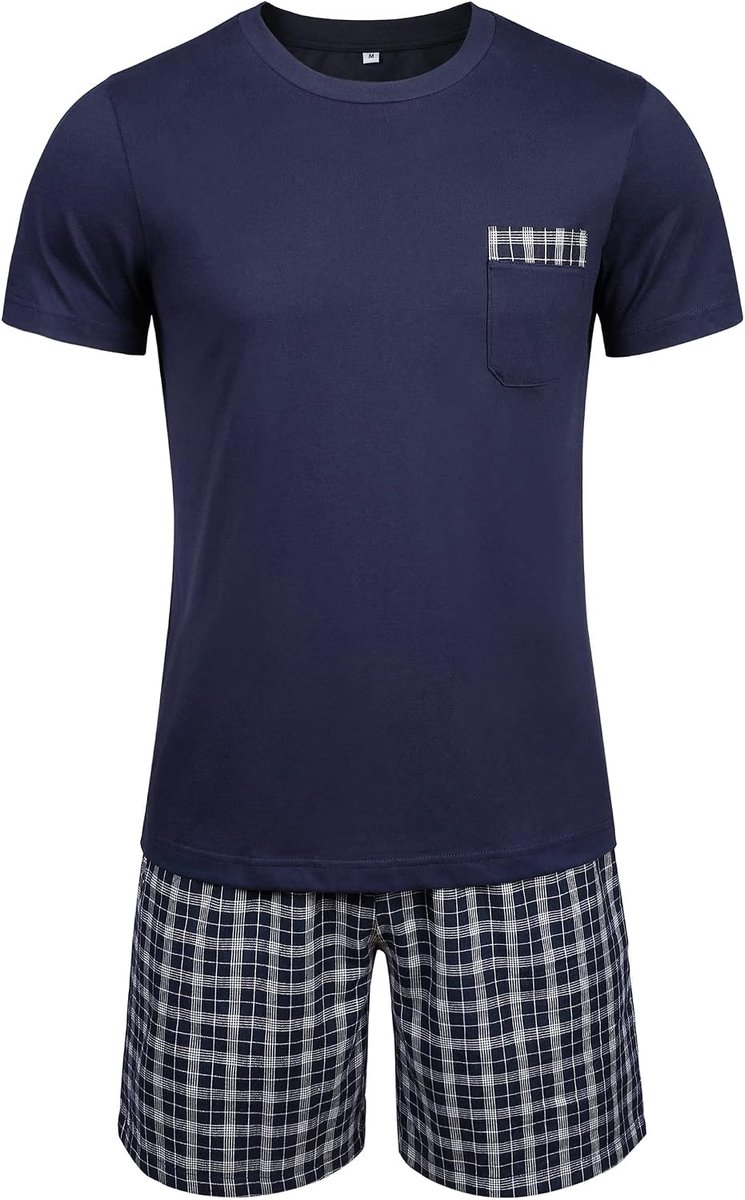 Pyjama voor heren, 100% katoen, korte mouwen, nachtkleding, nachtkleding, set met ronde hals en geruite broek