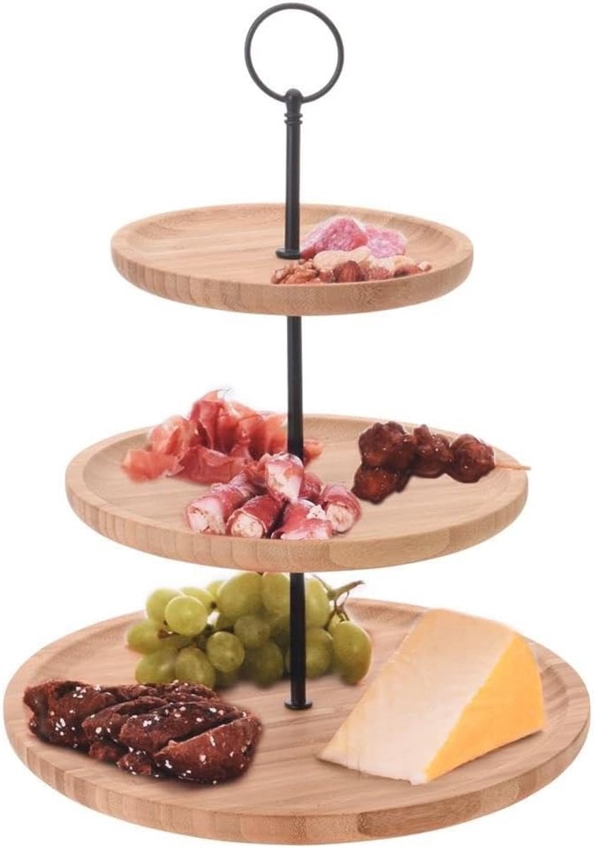 3Tier Bamboe Voedsel Stand Medium Size voor Indoor Gebruik Elegante Houten Metalen Display